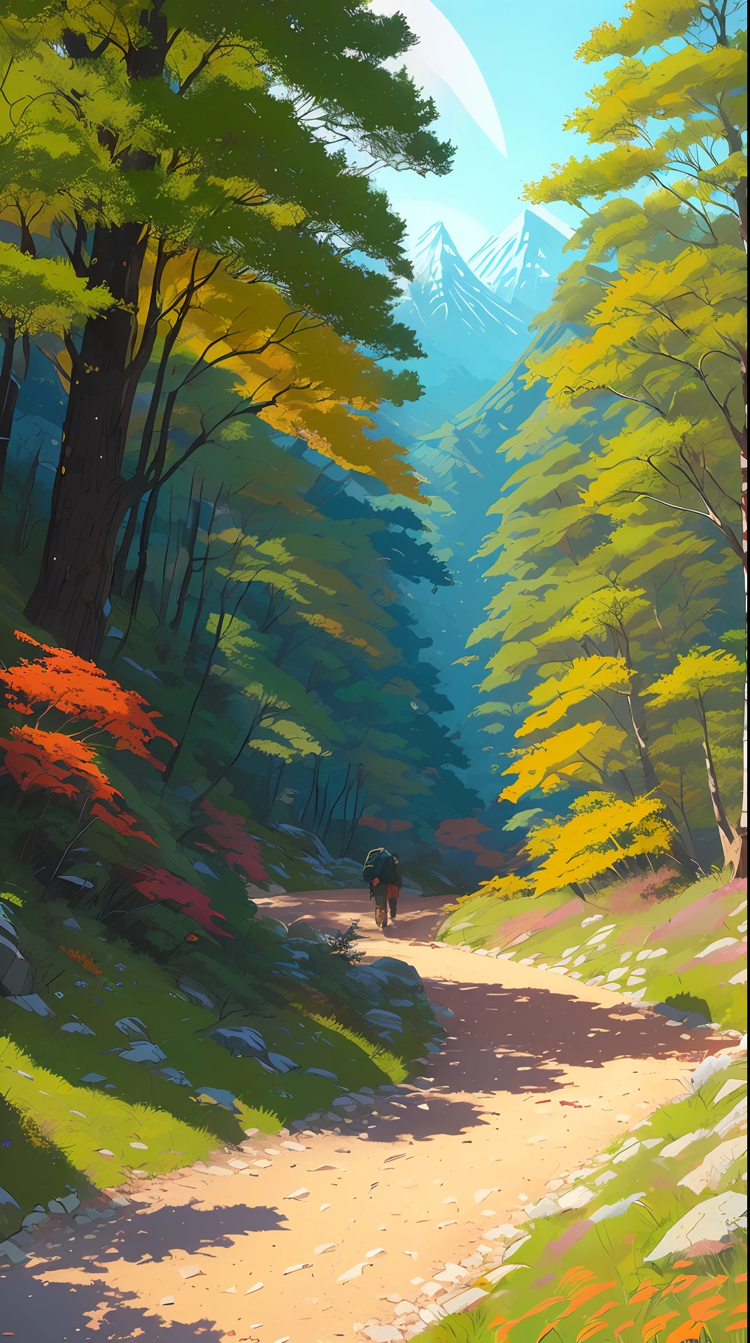 Realistic, realistic, beautiful hiking trails with Greg Rutkowski, Laurie Greasley style, Studio Ghibli, Akira Toriyama, James Gilleard, Genshin Impact, popular Pixiv Fanbox, Acrylic Palette Knife, 4K, (bright colors), (high saturation), Devinart, trending on ArtStation