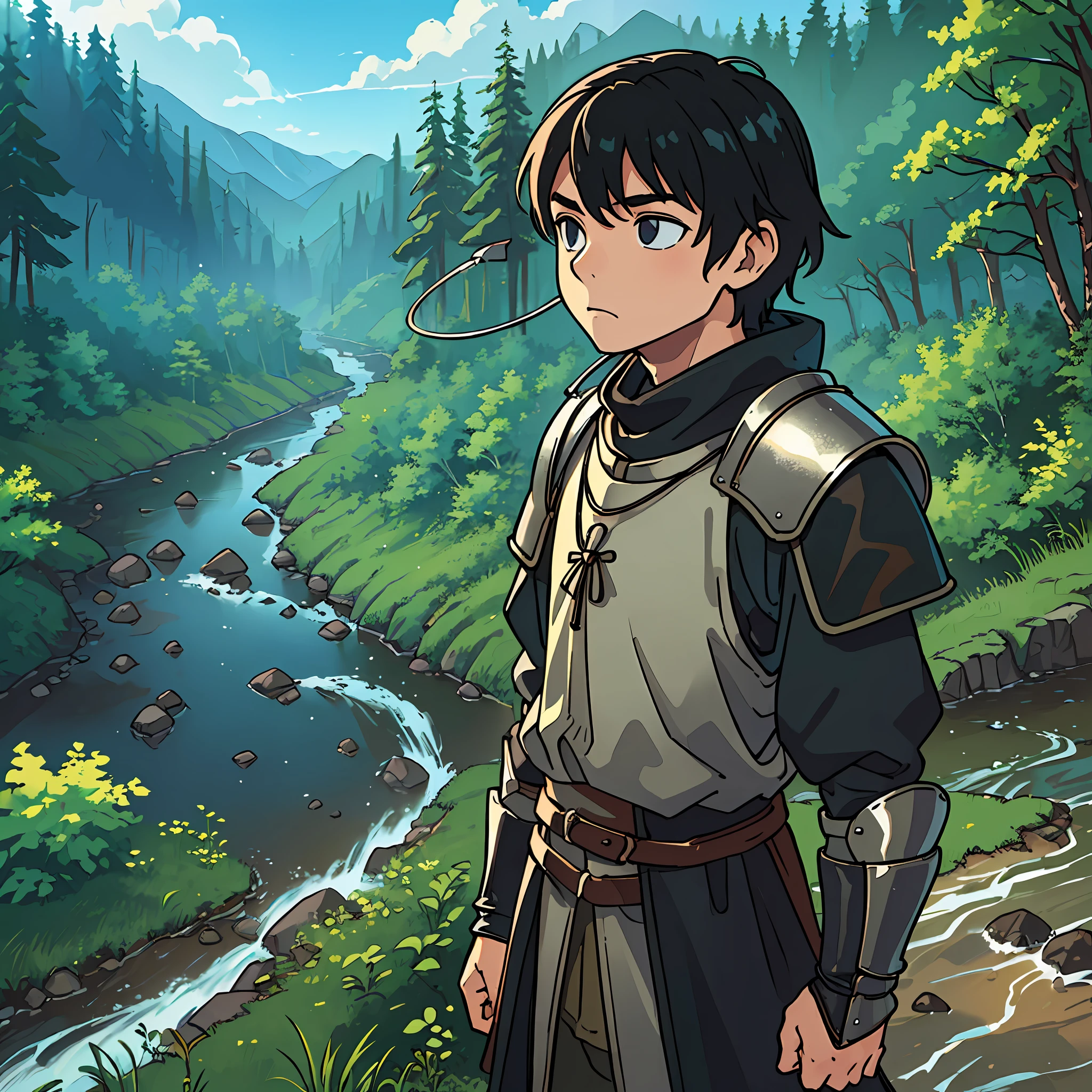 ((Background, forest, clear sky, small river flowing aside, humans depicted in the distance, medieval fantasy)), boy wearing VR goggles, black hair, leather armor, metal sword, boy small on the right of the screen, sense of life