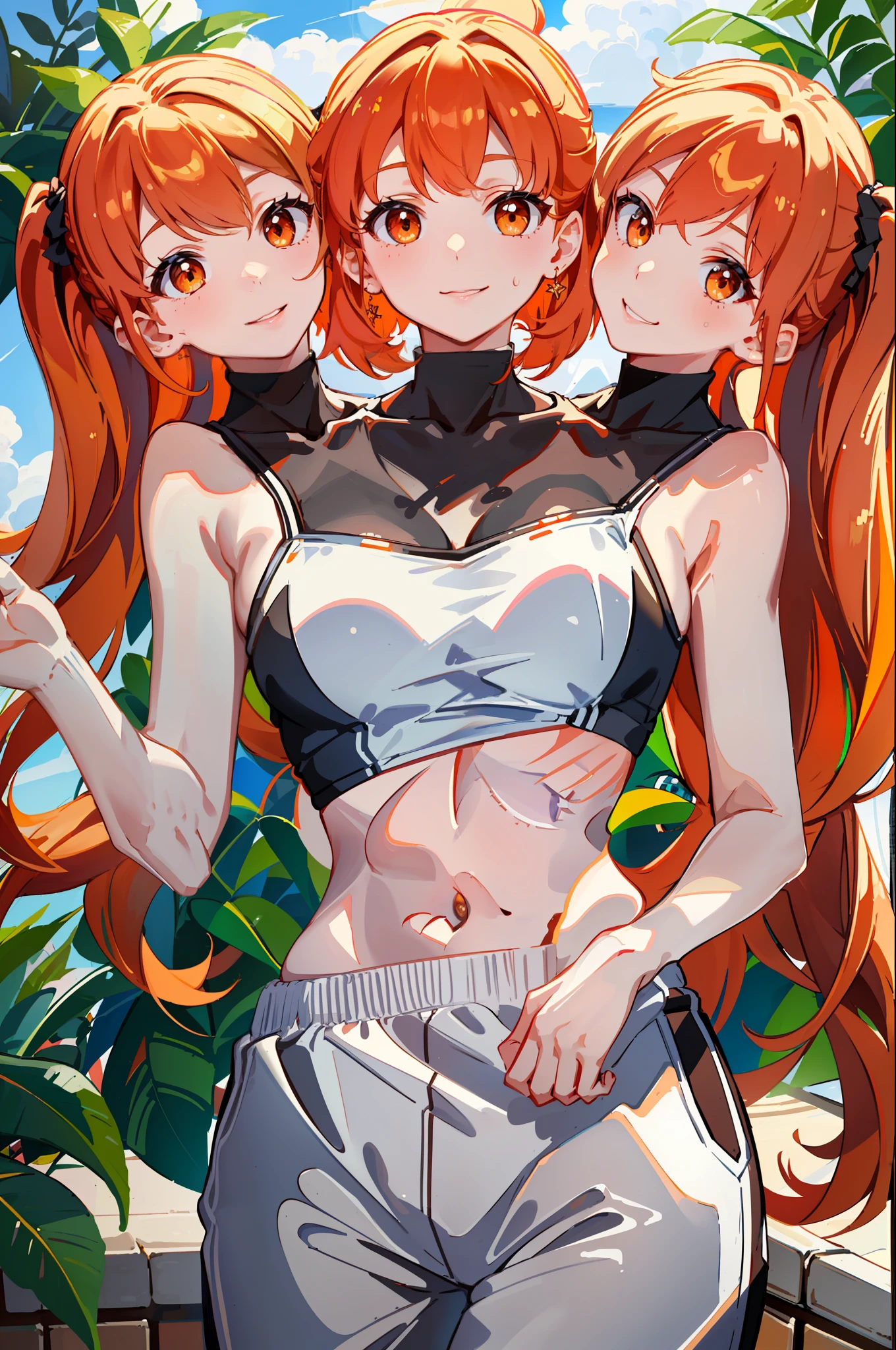 3heads, best quality, masterpiece
3 girls, sonia, orange hair, identical hair color, same eye color, necks side by side, necks evenky spaced on shoulders, smiling, running, gym uniform, sweatpants, outdoors
((three heads, 3head):1.5)
