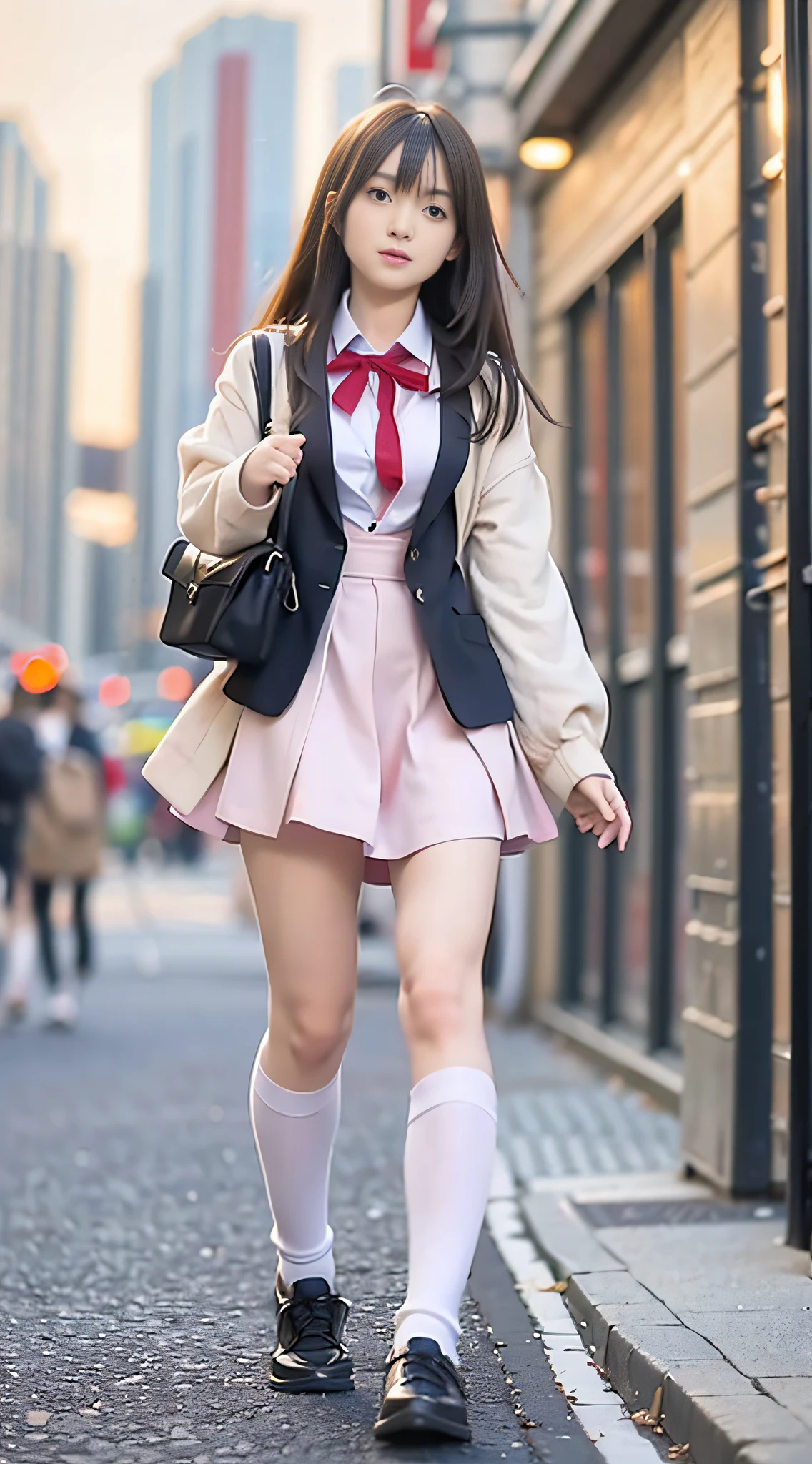 arafed image of a girl with long hair walking down a street, magical school student uniform, beautiful anime high school girl, magic school uniform, anime vtuber full body model, trending on cgstation, my dress up darling anime, trending at cgstation, style anime, anime girl in real life, anime set style, realistic anime 3 d style