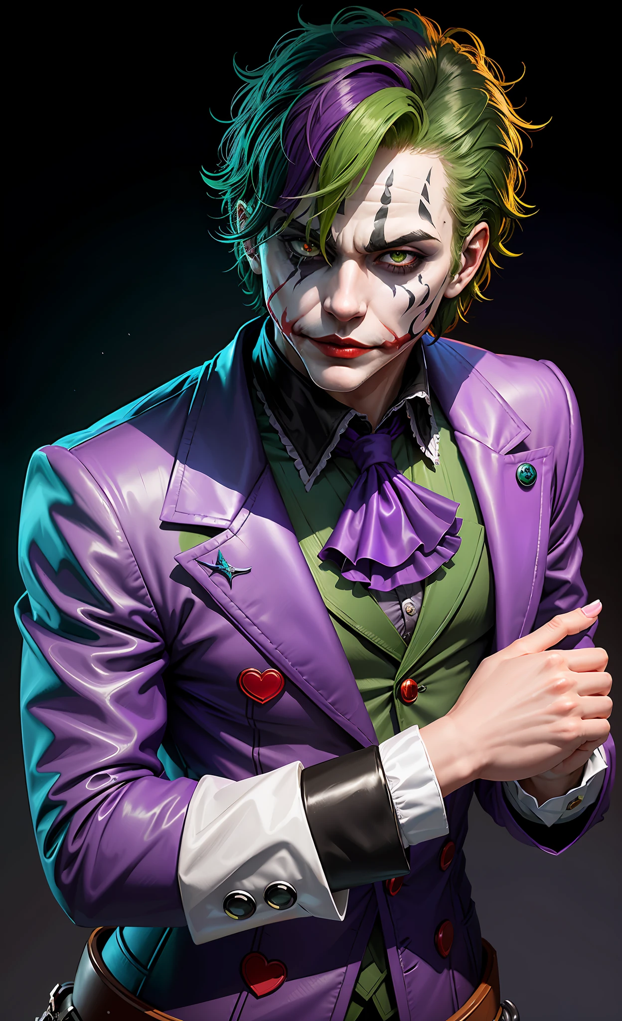 Generate an image of a male character who is half clown, half pirate and half butler. The character must have ((a clown rubber nose)), a pirate's eye patch and a butler uniform ((dark green hair)) ((combination of colors of their clothes that are various shades of green and purple)). The character must be holding a pirate hat in one hand. The background of the picture must be a pirate ship on the high seas. The style of the image must be detailed and symmetrical, colored by studio Ghbli, ((straight hair) ((short hair)) ((phone background)) ((HD)) ((legendary colors)) ((makeup of the joker of DC comics)) ((rhombuses and hearts)) ((colorful and dark background)) (((heroic face)) ((elegant))