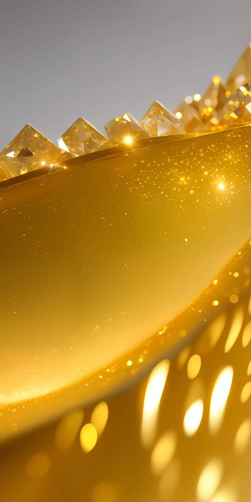 Close up of a white background with gradient shiny liquid gold flakes in white golden rough and rough diamonds close up