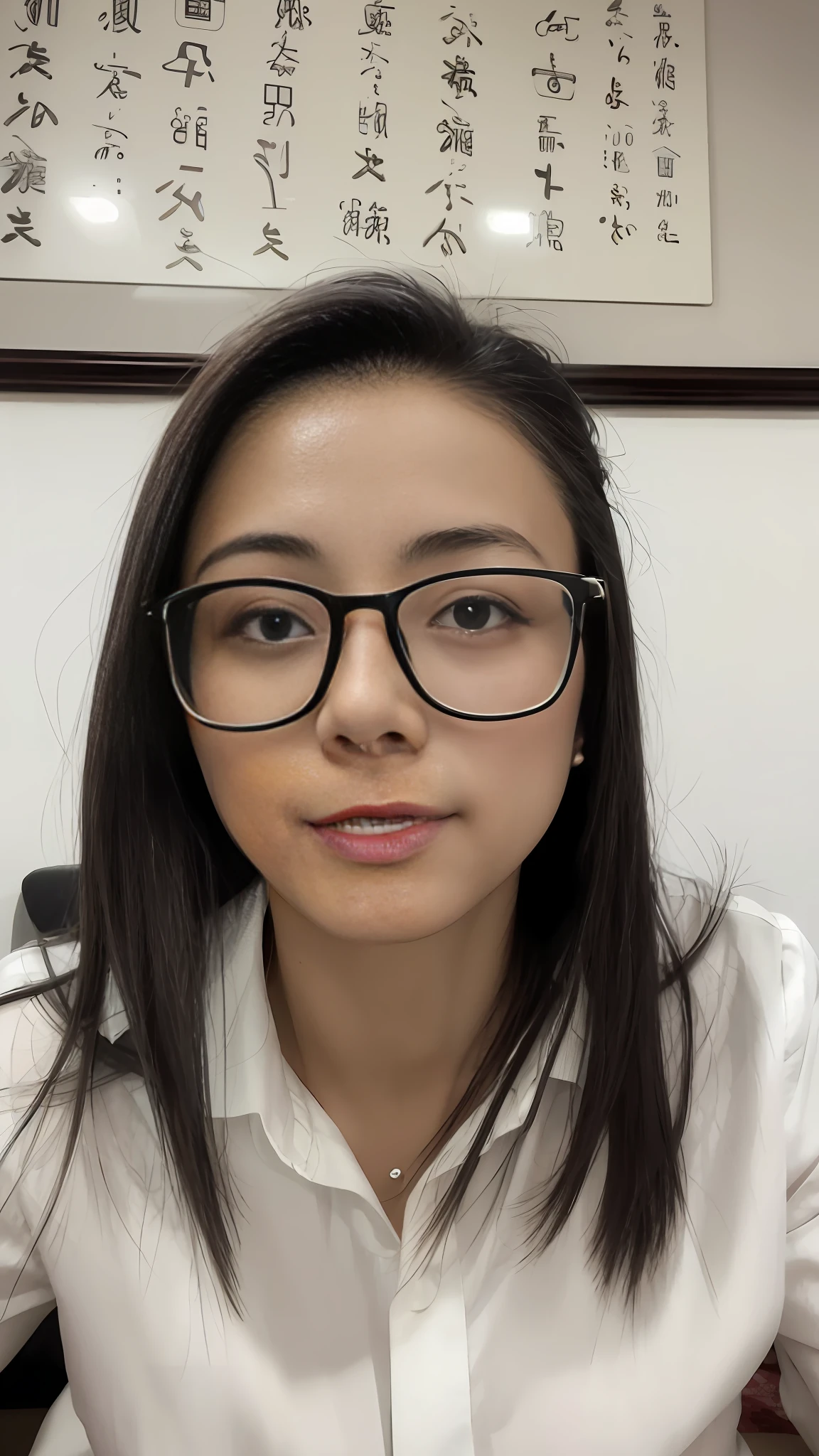 Woman sitting in front of the wall with glasses and a white shirt, Tian Fuzhen, cute, anime --auto --s2