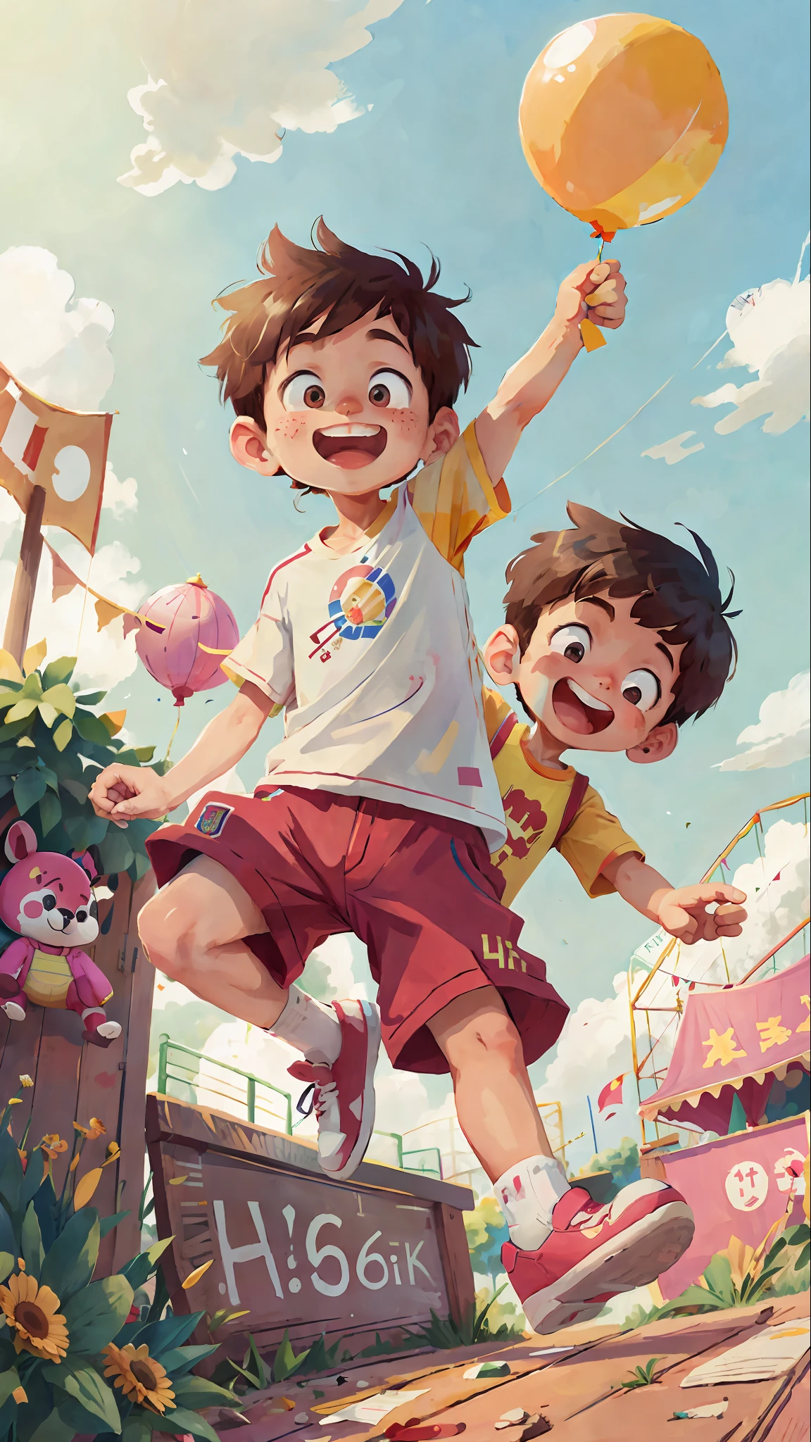 Making posters, Children's Day, at the amusement park, Messi boy holding a balloon, happy, jumping, happy --v 6