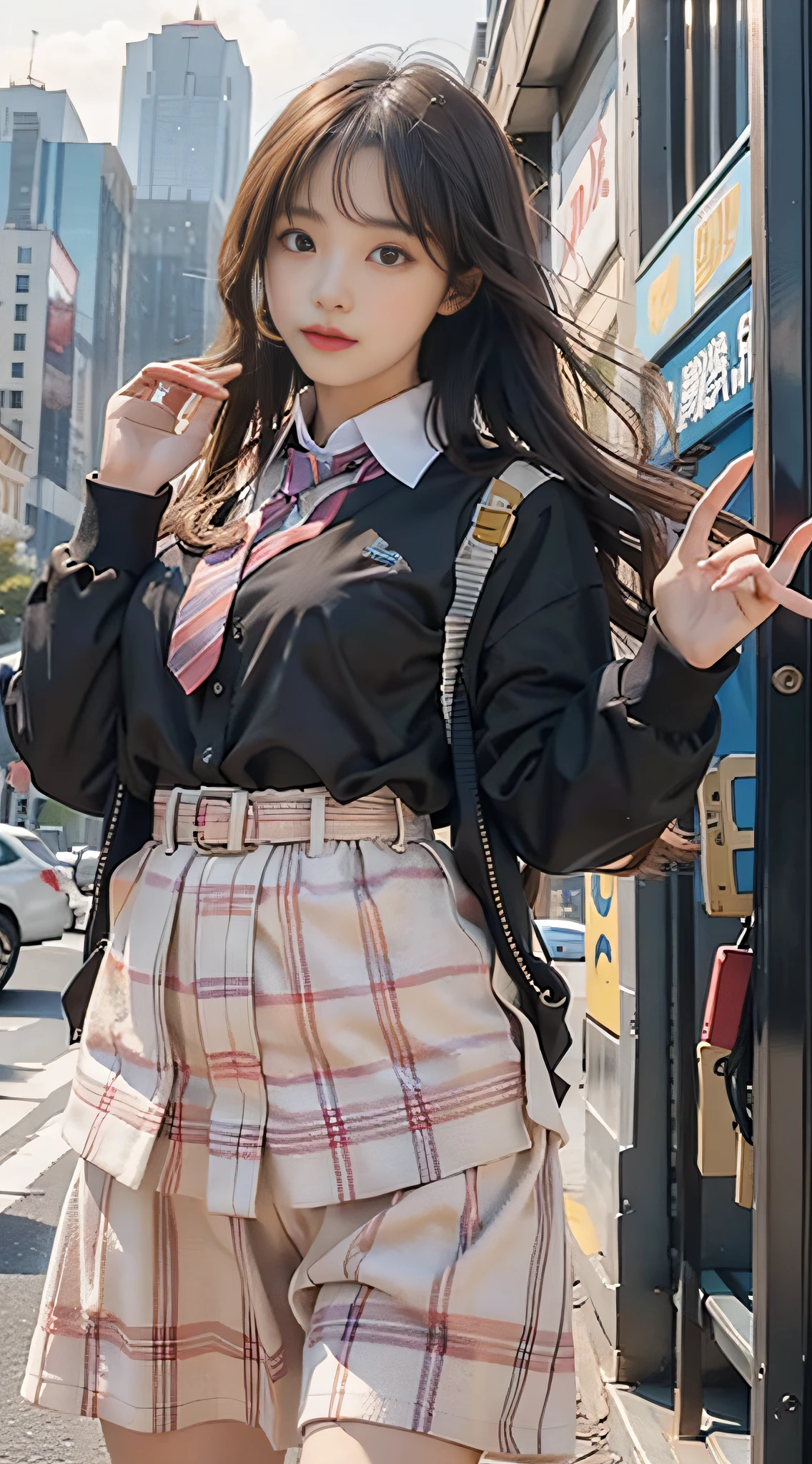 High school girl wearing JK outfit with long colorful hair