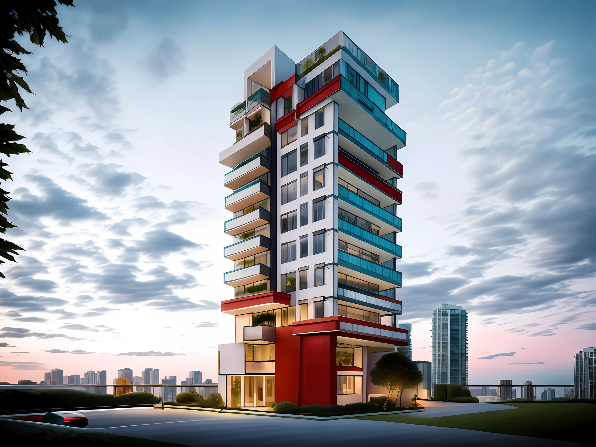 modern inium tower in singapore with big overhang balcony and tress, white facade, concrete, Realistic black asphalt street and cars, city street with human and cars, contemporary Singapore apartment, condomtower with overhang and cutout balcony, cutout balcony with plants and trees,a modern condominium with balcony cutout, glass curtain wall, shopping mall in the bottom, beautiful photo, Realistic render, edge and line enhance, shapener, octane render, ray tracing, 16k, ultra HD, Amazing beautiful modern condominium, persp view, architectural scene, concrete structure exterior, 2 point perspective view, architectural photography, highrise condominium, Kengo Kuma, balcony, cityscape in background, ray tracing, striped arrangements, wide angle, cloud, tree, skyscraper, blue sky, city, real world location (Image Sharpener:0.7) brutalism,brick wall,red brick,lattice facade,public building, building, house, outdoors, day,best quality, realistic, photorealistic,ultra detailed,16K,High quality texture,intricate details,detailed texture,finely detailed,photo of building ,  pixels perfect, sharpen edge, edges sharpener --auto --s2
