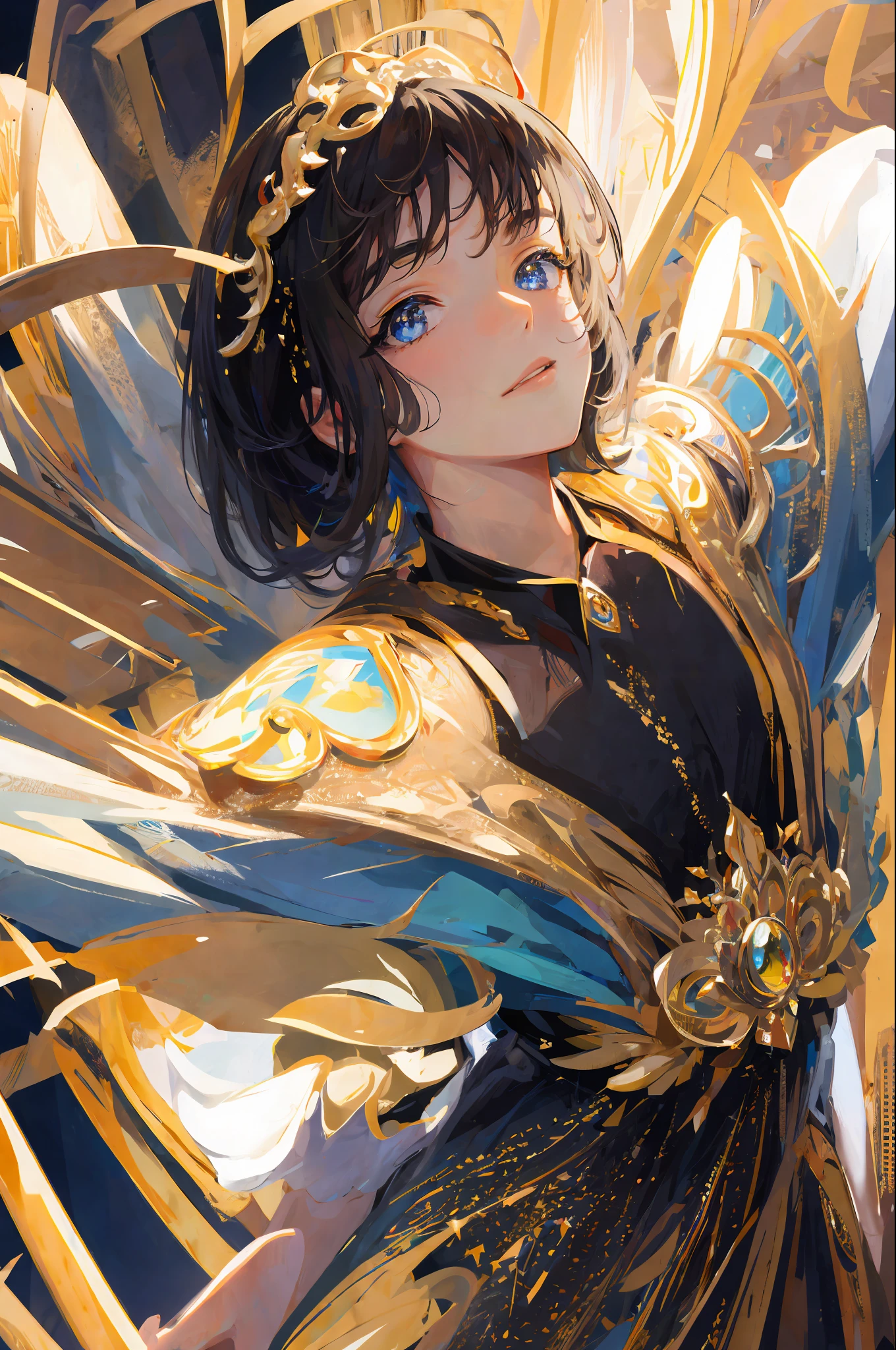 ((Masterpiece, Excellent, Super Delicate, High Resolution)), Solo, Beautiful Girl, Sparkling Rainbow Eyes, Perfect Eyes, , Gold Black & White theme, Halfbody
