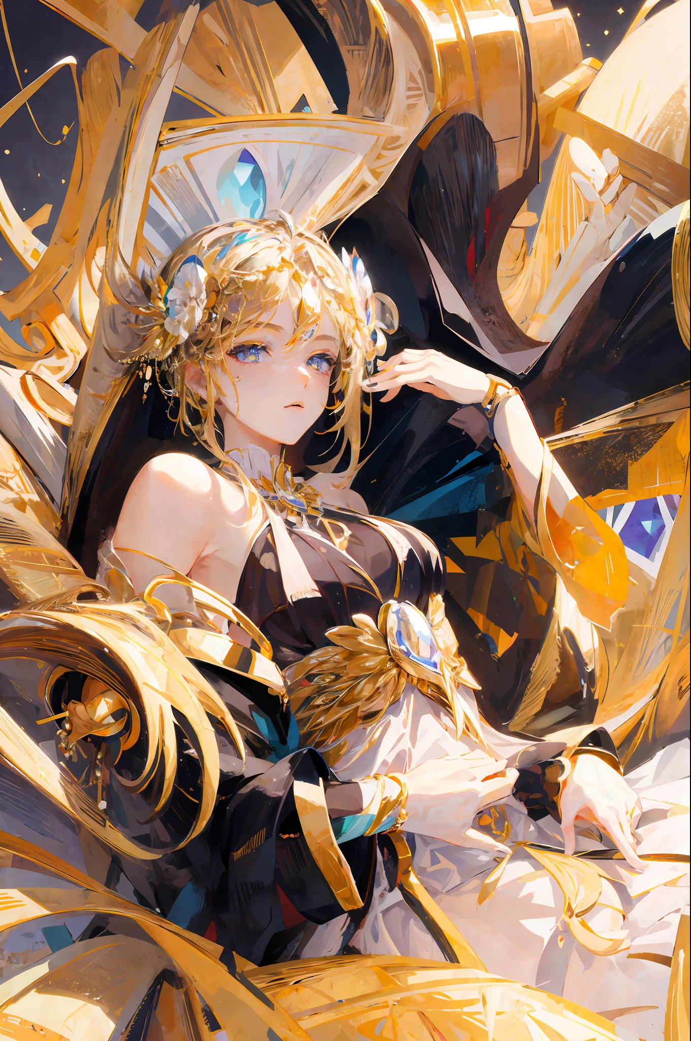 ((Masterpiece, Excellent, Super Delicate, High Resolution)), Solo, Beautiful Girl, Sparkling Rainbow Eyes, Perfect Eyes, 15 years old, Gold Black & White theme, Halfbody