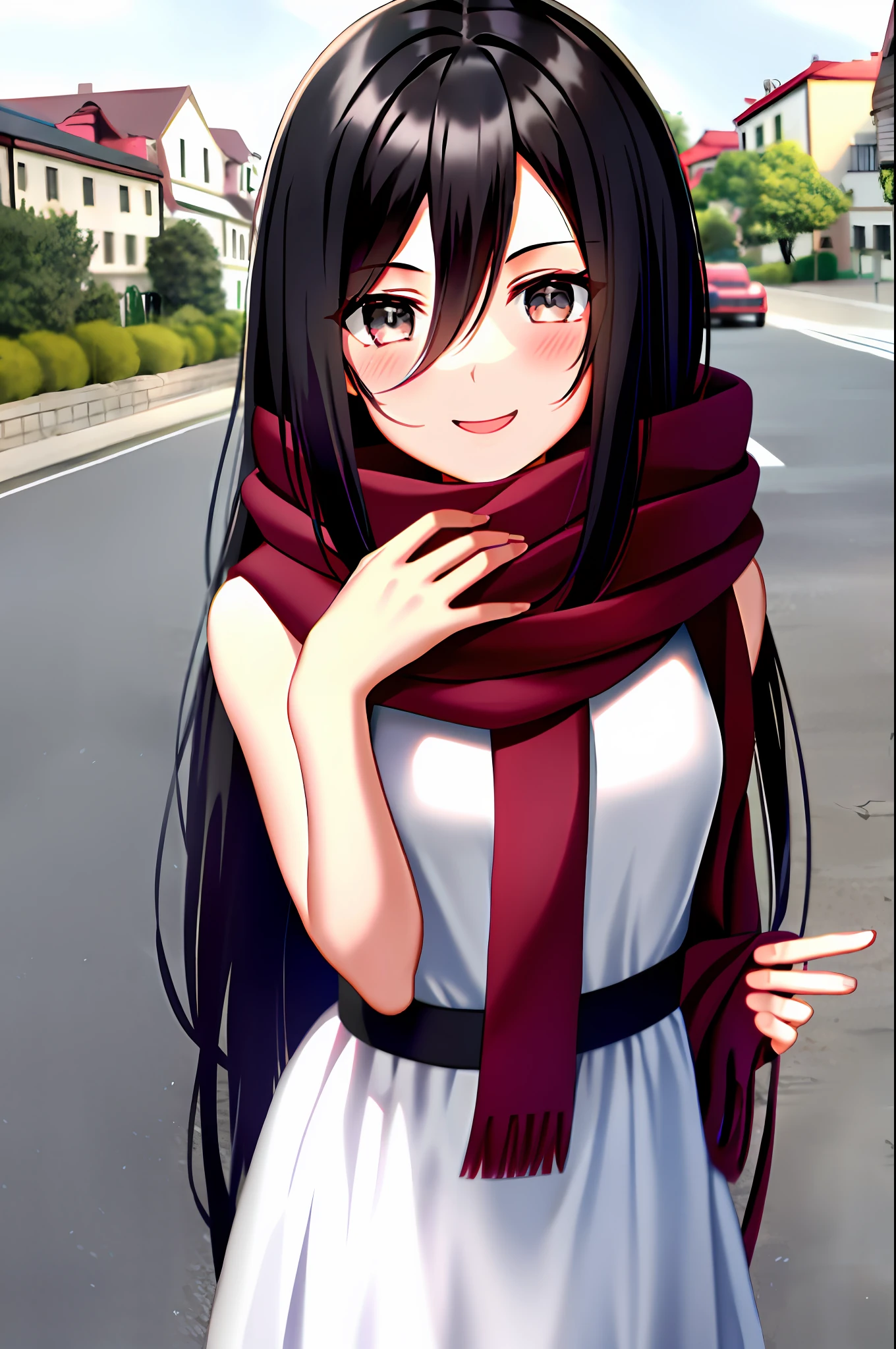 mikasa ackerman, young, teen, teenage version, shingeki no kyojin, 1girl, very long hair, bangs, black eyes, black hair, hair between eyes, red scarf, scarf, solo, standing, straight hair, long hair, white dress, 1:5, outdoor, old town background, smile, blush, shy, pull viewer, reaching viewer, holding viewer hands, asking viewer to go, pull viewer hands pose,

, ((masterpiece))