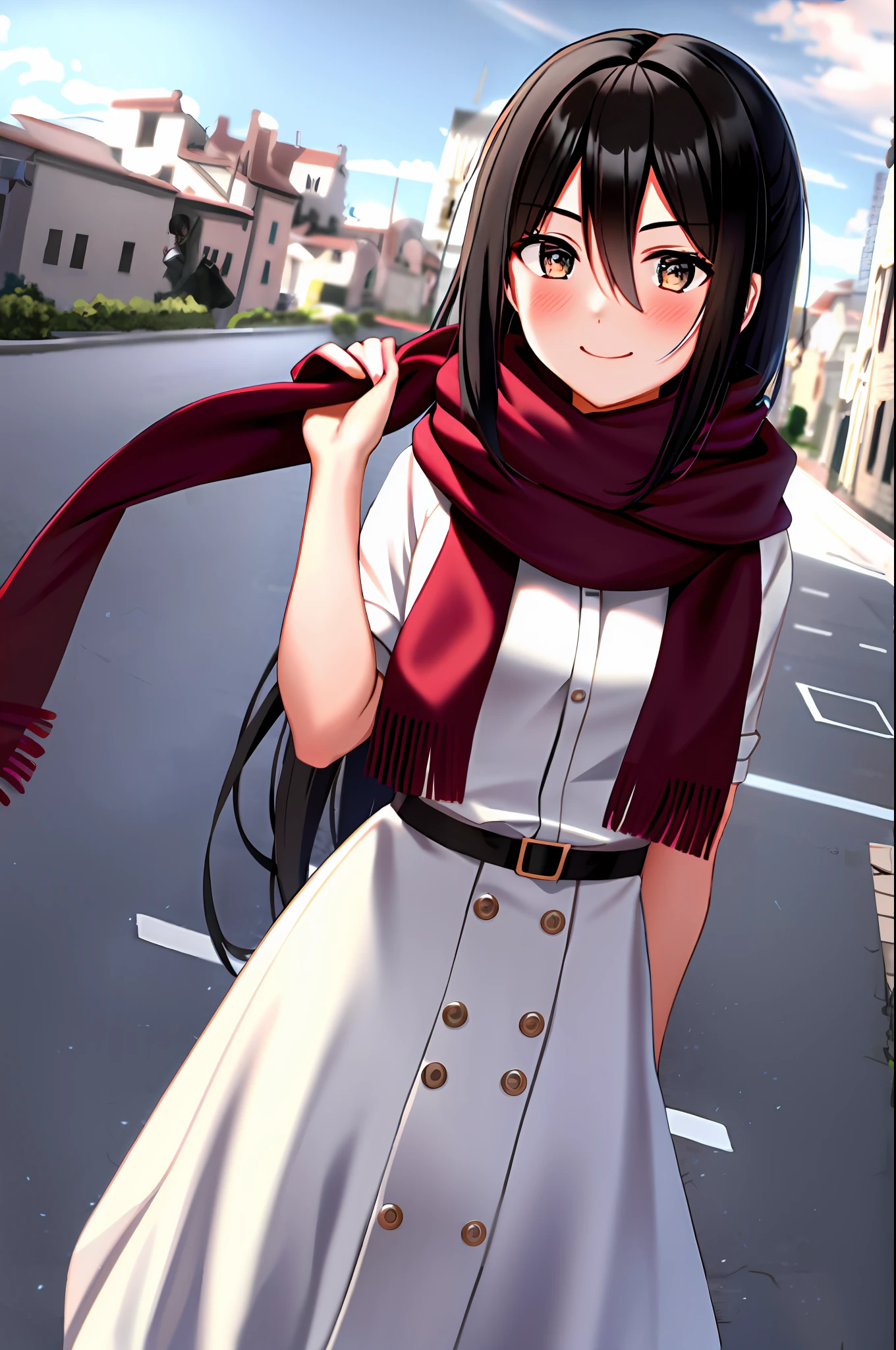 mikasa ackerman, young, teen, teenage version, shingeki no kyojin, 1girl, very long hair, bangs, black eyes, black hair, hair between eyes, red scarf, scarf, solo, standing, straight hair, long hair, white dress, 1:5, outdoor, old town background, smile, blush, shy, pull viewer, reaching viewer, holding viewer hands, asking viewer to go, pull viewer hands pose,
, ((masterpiece))