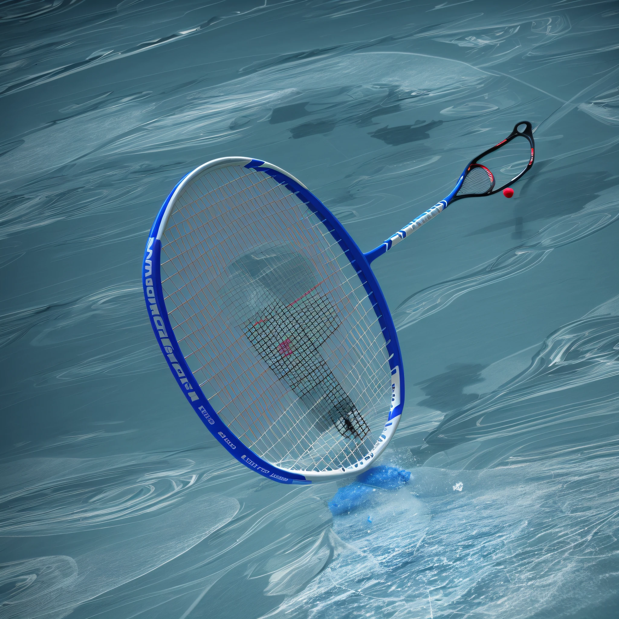 There is a tennis racket flying in the air, badminton, realistic racket, depicted in 3D, blue ice, blue glacier, rendered in CGI, by Jakob Gauermann, finalrender, Makoto Shinkai. Octane rendering, Anna Fusley, perspective 3d octane rendering, Alexei Egorov, John Lagata