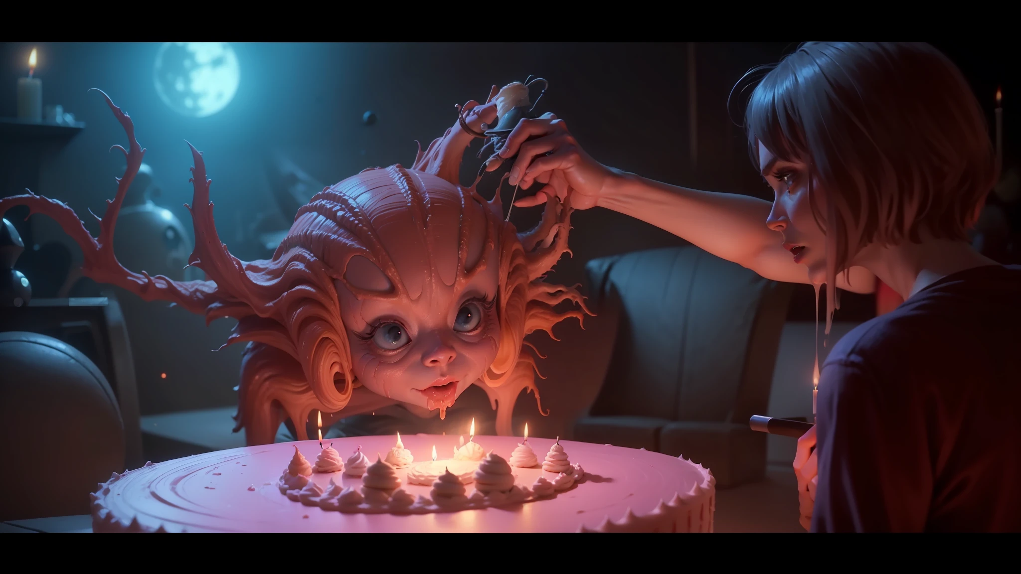 varaffes is being fed a cake with a candle in it, movie still of the alien girl, the thing 1 9 8 2, the thing 1982, 1 9 8 6 movie screenshot, screenshot from the 1983 film, 1 9 8 0 s cgi, cosmic horror entity, john carpenter body horror, movie screenshot --auto --s2