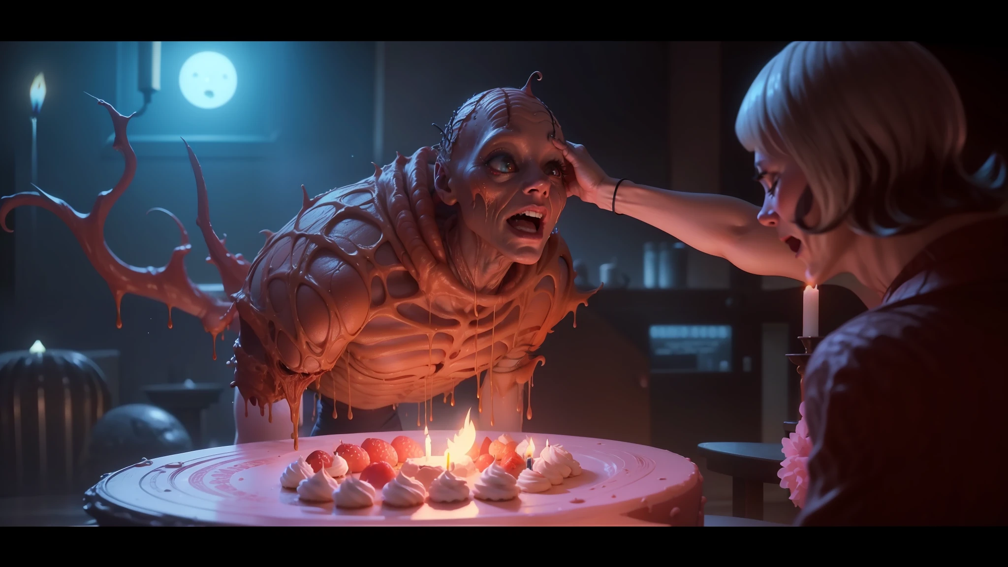 varaffes is being fed a cake with a candle in it, movie still of the alien girl, the thing 1 9 8 2, the thing 1982, 1 9 8 6 movie screenshot, screenshot from the 1983 film, 1 9 8 0 s cgi, cosmic horror entity, john carpenter body horror, movie screenshot --auto --s2