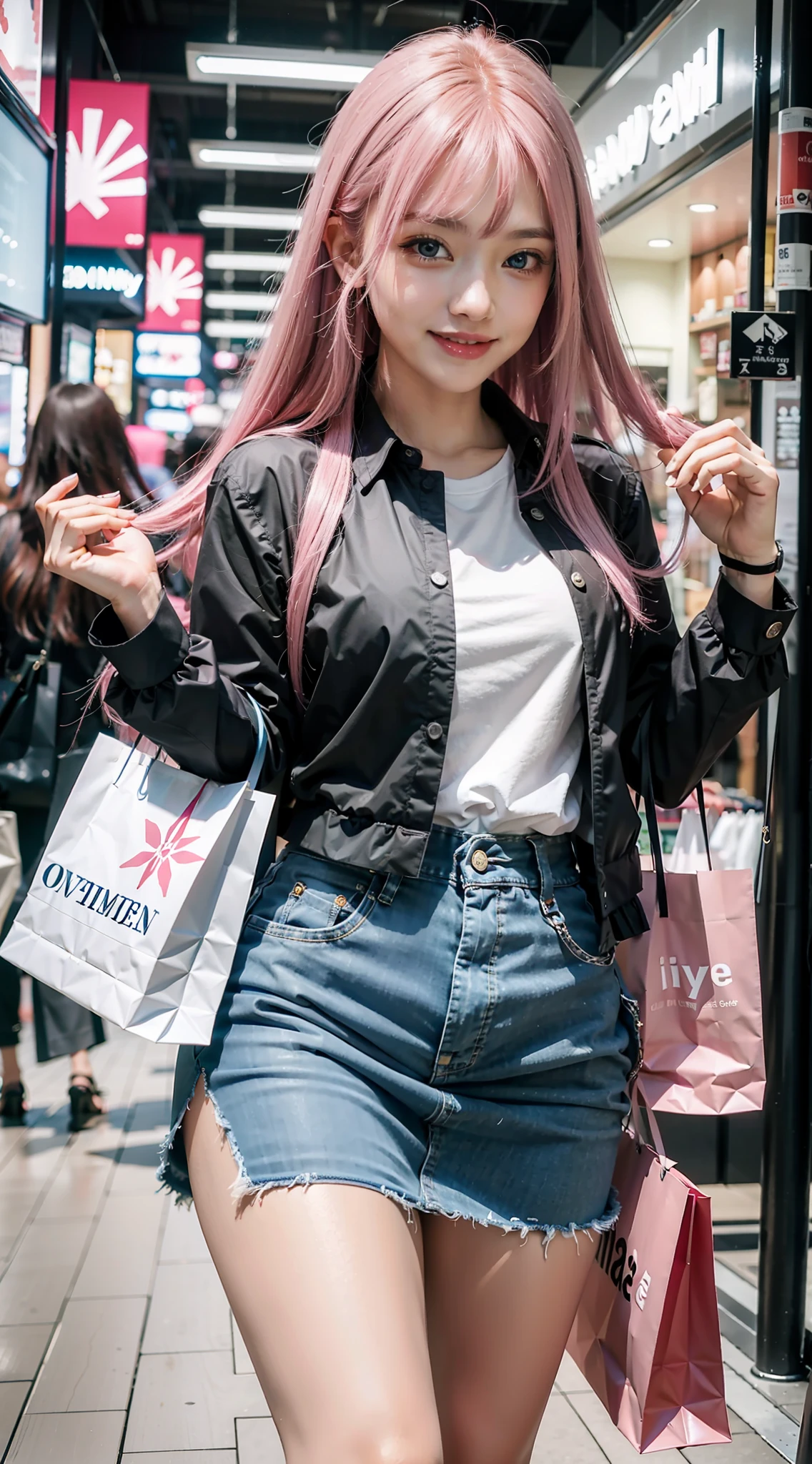 best quality, masterpiece,1 girl, solo,  long hair, pink hair, blue eyes, running in a Japanese modern shopping mall, in japan, wearing sexy fashion skirt, carring 2 shopping bags, happy, relaxing, smiling, sexy,