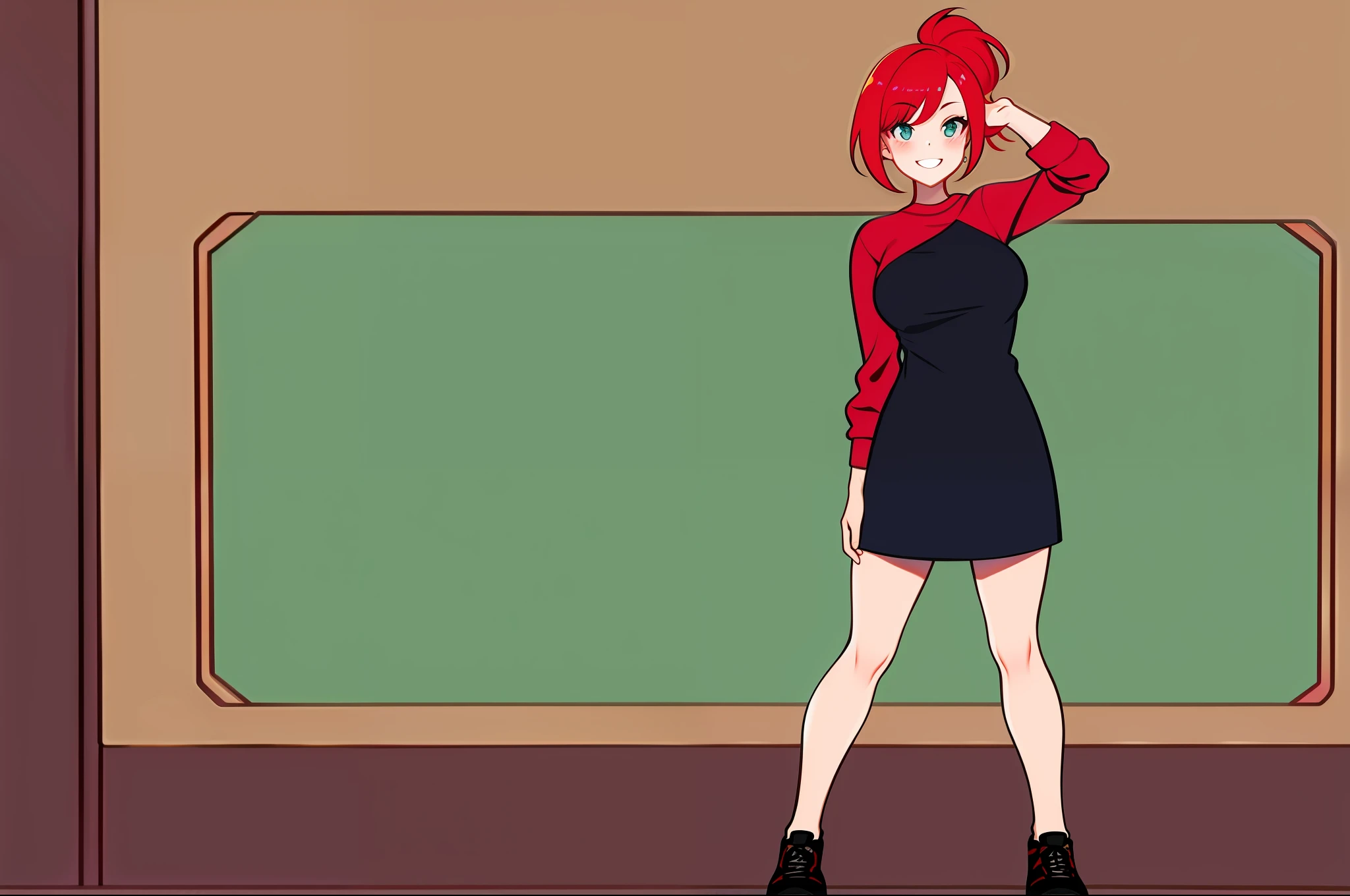 Girl with red hair ponytail tall medium sized breasts casual outfit full body poseing Goofy face