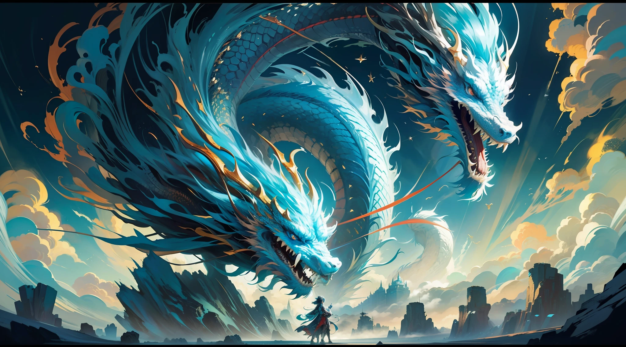 Super huge Chinese dragon, cyan scales, moon, night scene, tumbling heavy sea of clouds at your feet, high mountains, stereoscopic perspective, master works, super fine, 4k resolution, high quality, movie lighting, high picture detail, dynamic perspective, detailed, epic shooting