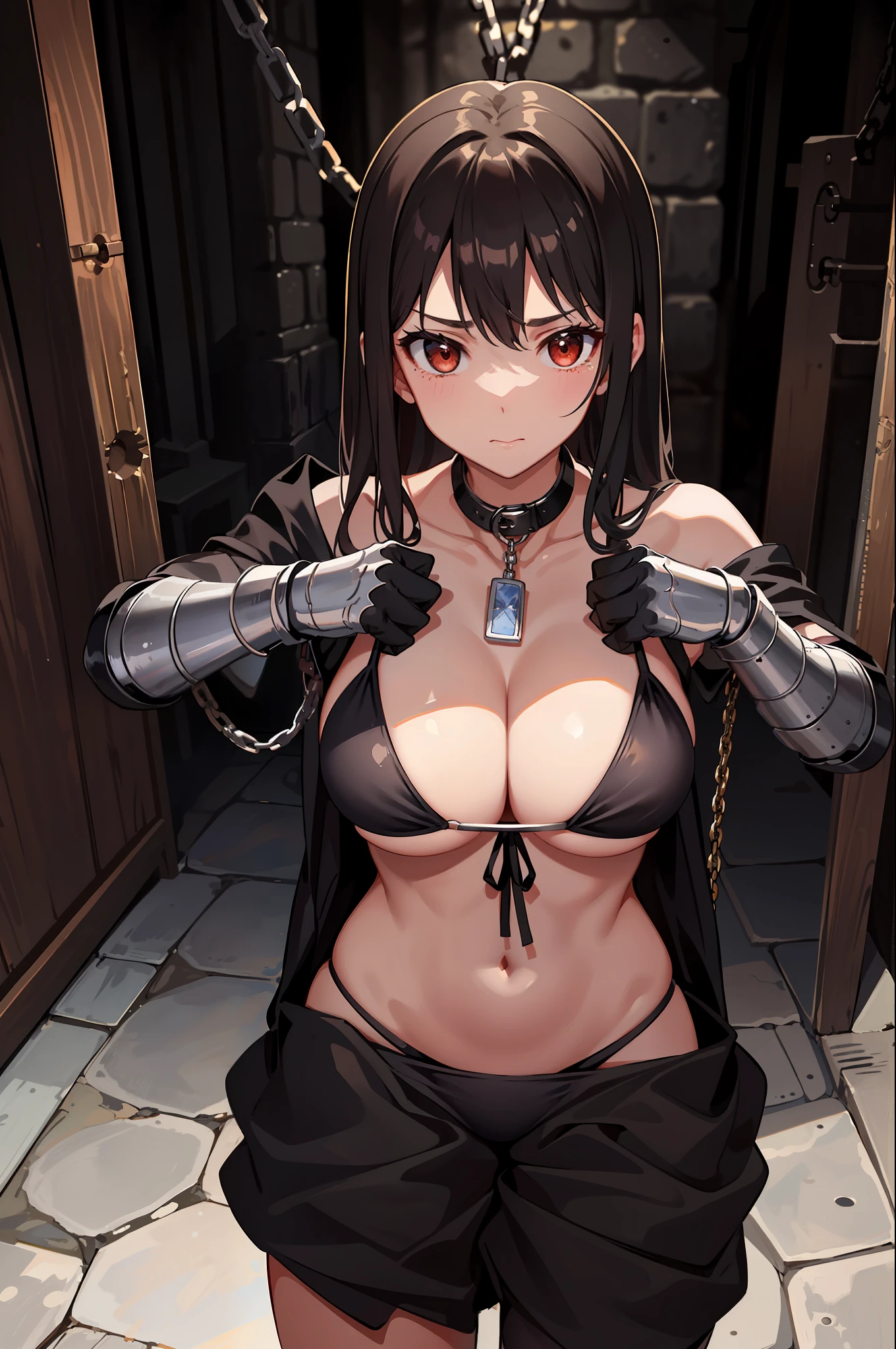 (masterpiece, premium quality: 1.2), alone, one girl, long ponytail, brown eyes, cruel mistress costume, anxious face, looking at the camera, in a dark basement, cobblestones with an eerie cold atmosphere, big, ((wearing torn medieval full-body bikini armor))), sexy white shiny big, big cleavage, copious sweat on the body, blush, chest hollows, Tied behind with a rope , legs open, legs open, chained, big, hands chained, shackled, slave collars, chains around the neck, dark fantasy, open legs, M-shaped open legs, tied behind the hands with ropes, silver chains, open legs, legs spread, hung by chains, pulled up by chains, crotch open, big, trying to spill out of the costume. restraint, slavery, collar, contempt, medieval bikini armor, tears, mature adult, charm, submission, shiny skin, shiny skin,