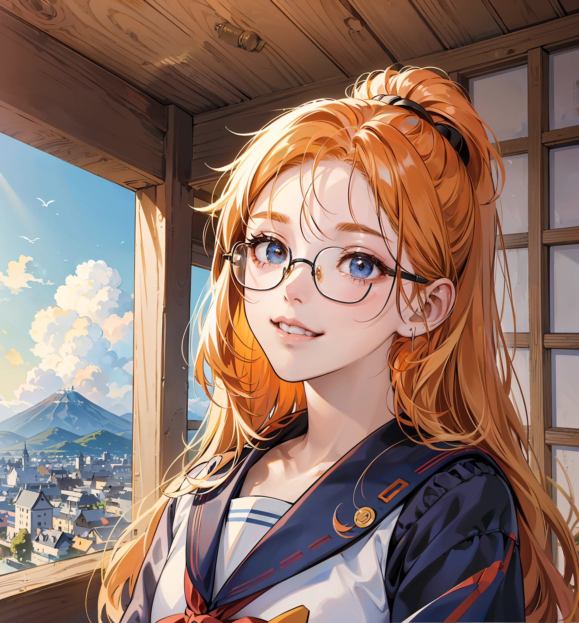 (high resolution, super detail), (Japan people)), 1 girl, 16 years old high school girl, (orange with gradient hair)), cute sailor suit, long hair, dull bangs, (((eyes of different colors left and right)), finely detailed eyes and detailed golden ratio face, sunlight, iridescent light grains, complex light reflection, background blue sky, transparency, hidden beauty, smile, glasses,