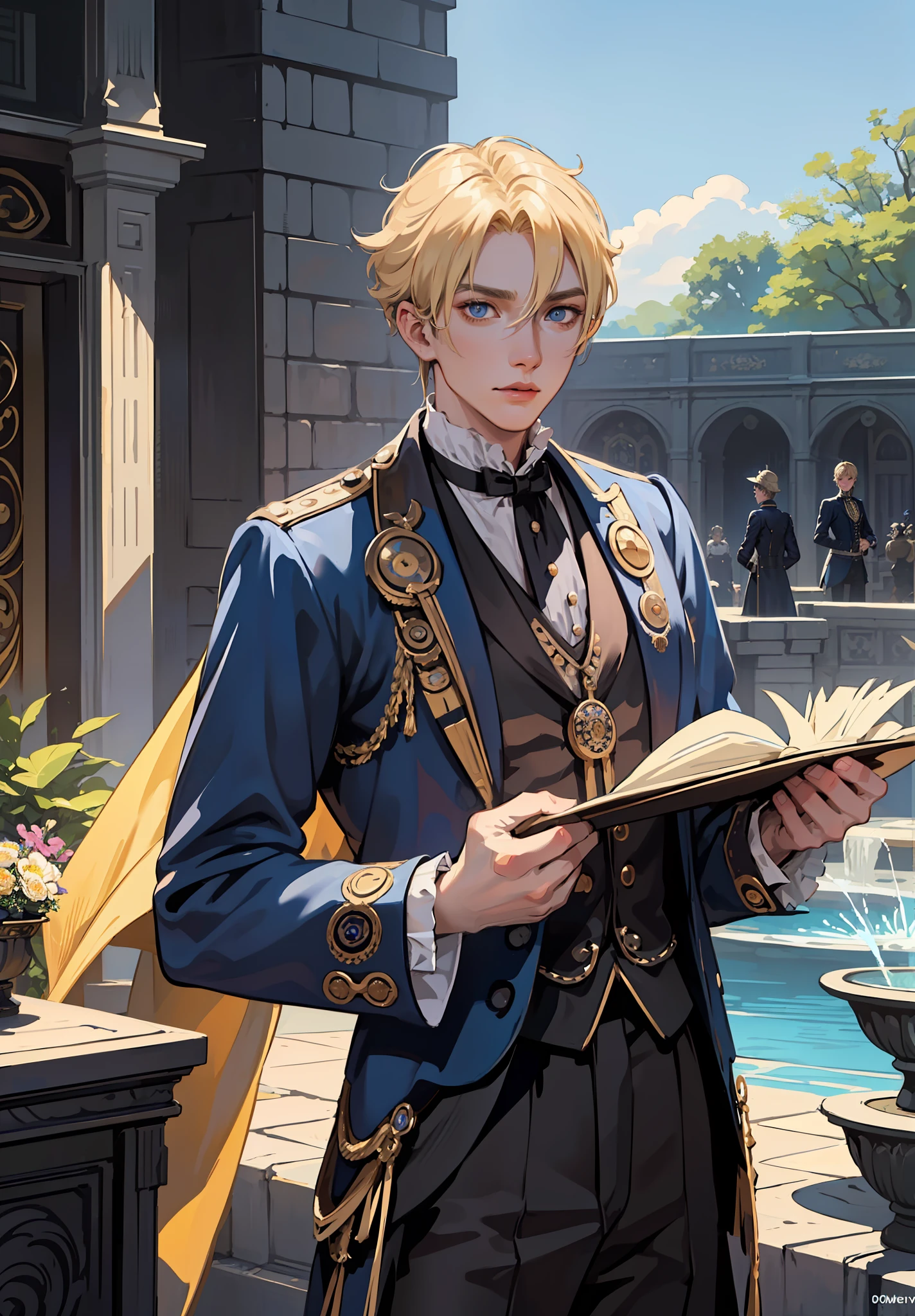 Prince, blue eyes, blonde hair, black outfit, young, mature, masculine man, gold earring, quality, tan skin, solo, blue eyes, naruto with victorian attire, ((((victorian boy attire)))), 1 boy, solo, uzumaki naruto, whiskermark, ((((masterpiece)))), (best quality), ((Hyper detailed)), ((High detail)), ((Exquisite detail)), (1 boy), (solo), (cowboy shot), (looking at viewer),((outside)), (((antique))), ((palace)), ((garden)), ((fountain)), (flower), ((mature male)),((victorian outfit)), ((tall and muscular)),