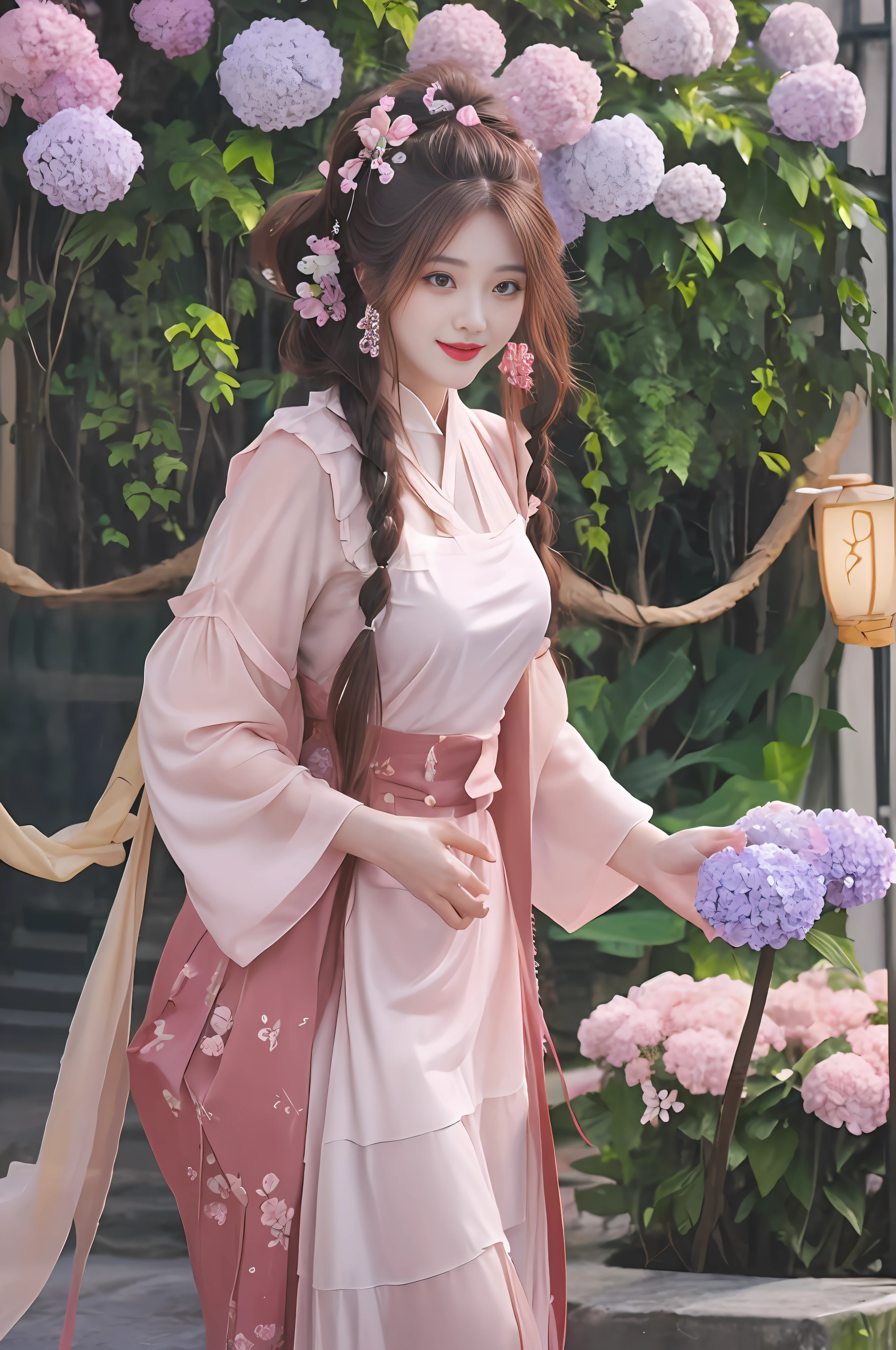 Masterpiece Superb Night Full Moon 1 Female Mature Chinese Style Ancient Chinese Sister Royal Sister Smile Brown Hair Princess Cut Twist Twist Flower Braided Double Pill Head Light Pink Lips, Calm, Intellectual, Middle Hair, Green Pupils, Hairpins, Hydrangeas, Clothes are Tulle Translucent Material