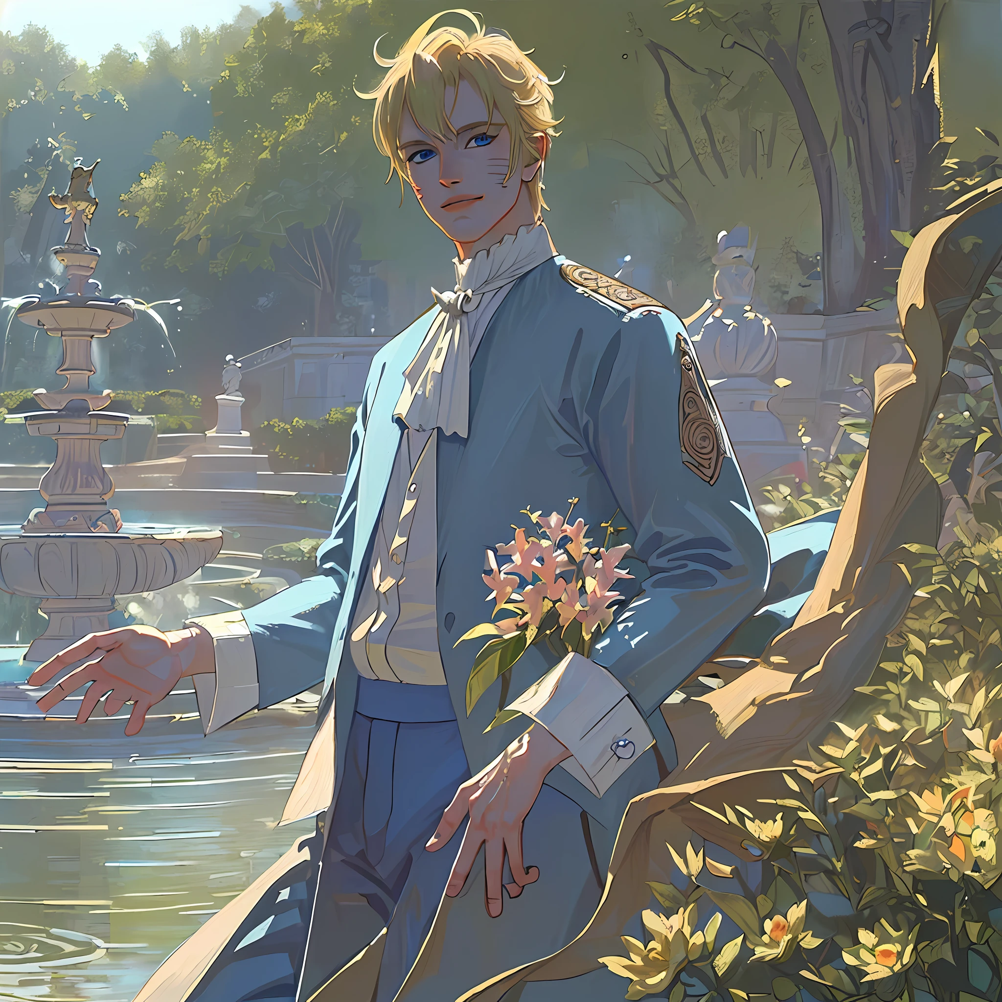((((masterpiece)))), (best quality), ((Hyper detailed)), ((High detail)), ((Exquisite detail)), (1 boy), (solo), (cowboy shot), (looking at viewer),((outside)), (((antique))), ((palace)), ((garden)), ((fountain)),
(flower), ((mature male)),((victorian outfit)), ((tall and muscular)), ((whiskermark)), uzumaki naruto, ((blonde hair)), detailed lips, (((prince))), ((blue eyes)), (nobility) , ((long pant)), smile
