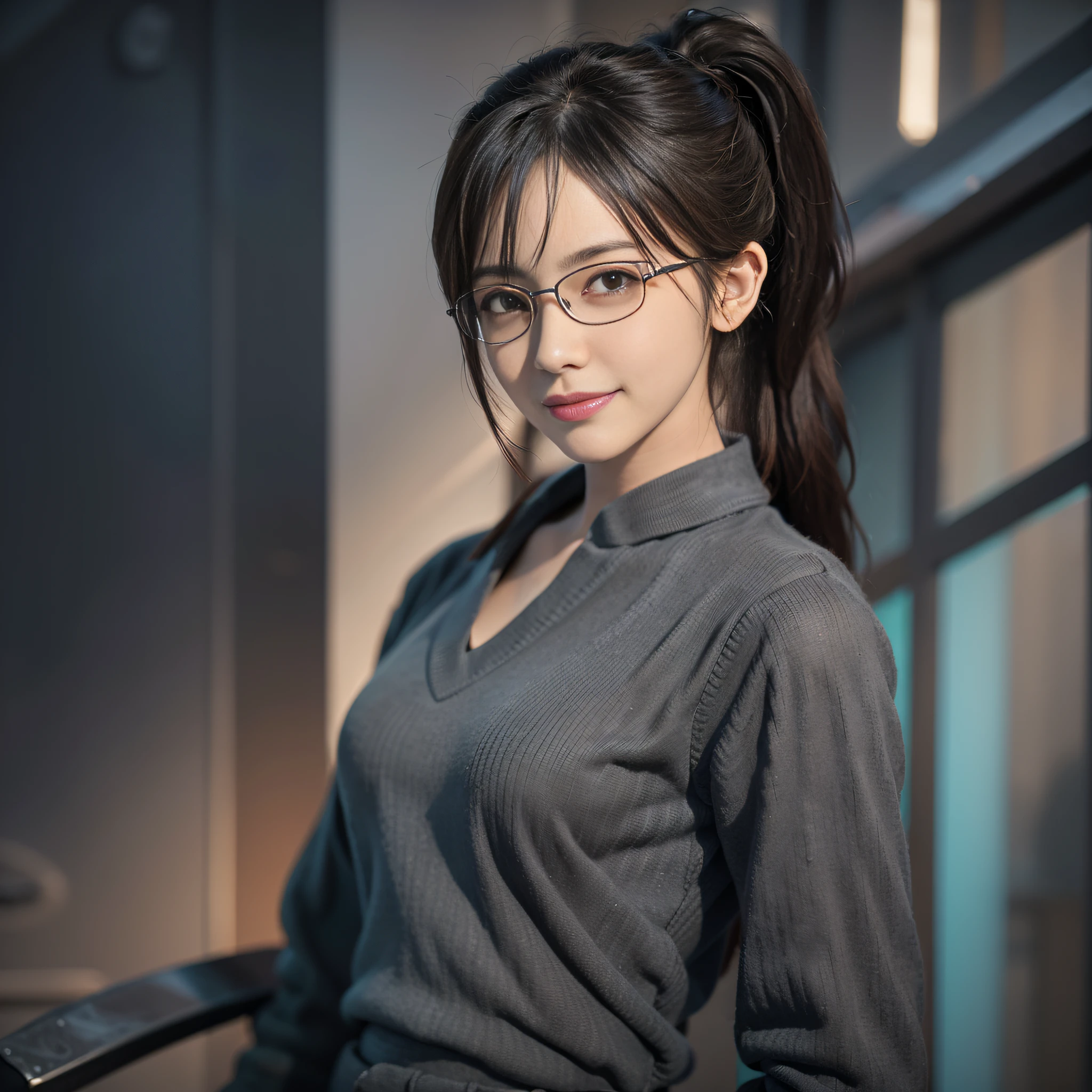 (1 girl: 1.3), Solo, Standing figure, Fantasy art, Photorealistic, Dynamic lighting, Art station, Poster, Volumetric lighting, Highly detailed face, Deep shadows, Brown eyes, Black eyes, Ponytail, Smile, Black hair, Pink collar, Shirt, Long pants, Glasses,