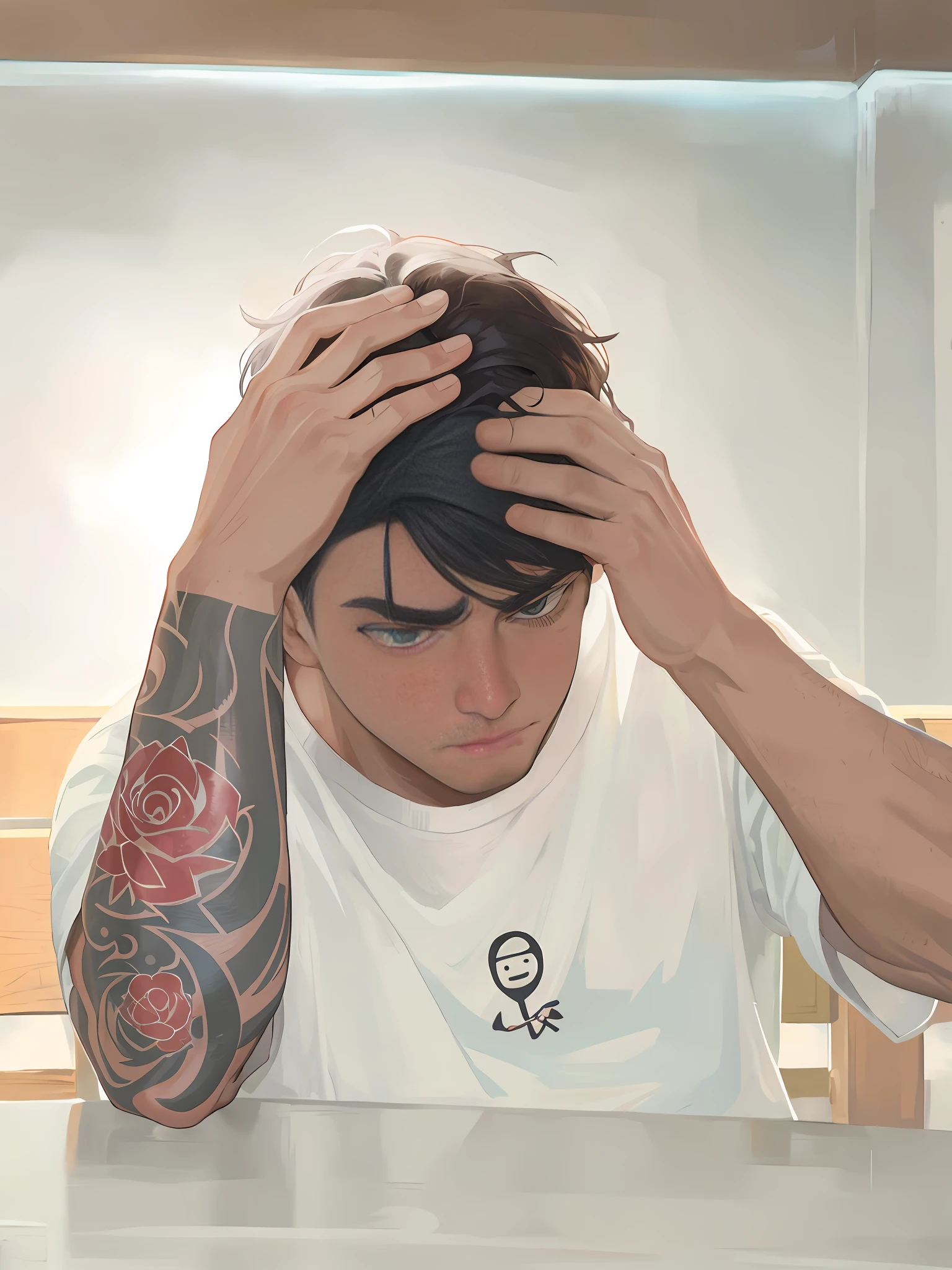there is a man with a tattoo on his arm sitting at a table, short hair on top of his head, confused facial expression, looking confused, taken with sony alpha 9, confused, confused expression, greasy hair, he has a devastated expression, trying to study, hands on face, frustrated face, frustrated expression, peter griffin hairstyle