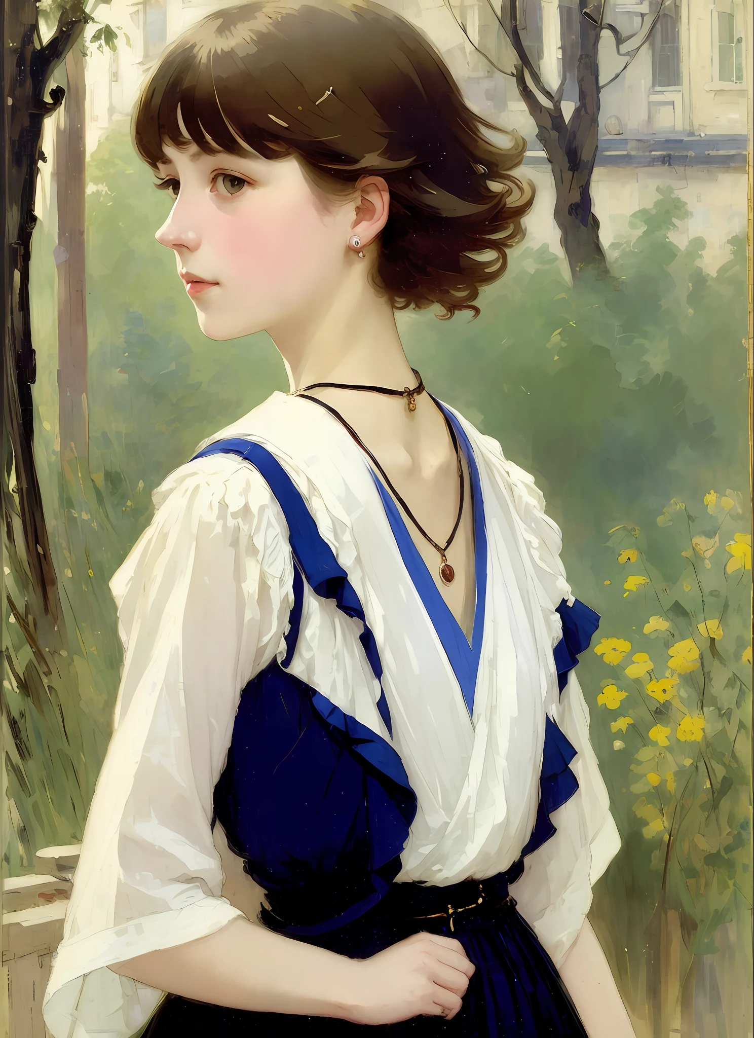 Nogizaka Girl, short-haired, masterpiece, top quality, tempera, (female), (attractive woman, lips, eyes, hair, necklace, shoulders, background environment: 0.85), ((Frank Bramley: 1.0): 1.15), (real: 1.3)