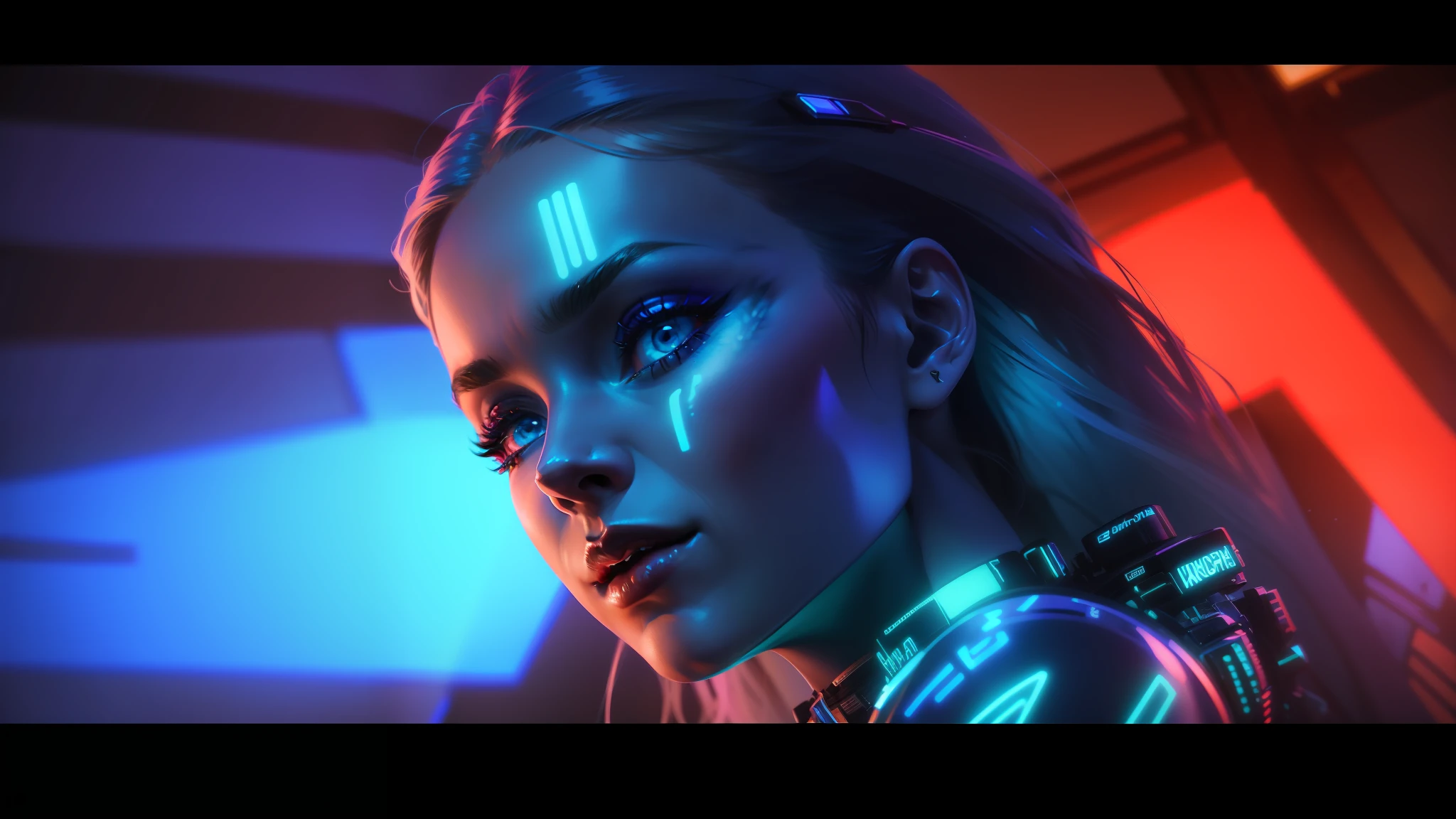 a woman with a bright blue make up and a neon dress, unreal engine : : rave makeup, cinematic neon uplighting, makeup. unreal engine, beauty woman in holograms, movie still of a alien cyborg, cyberpunk lut, still from a music video, futuristic dramatic lighting, iridescent image lighting, neon operator margot robbie, cinematic color grading --auto --s2