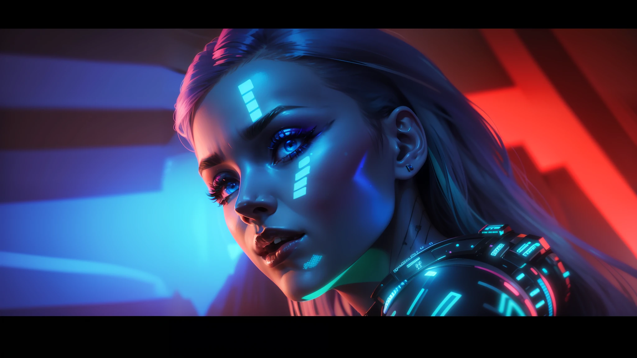 a woman with a bright blue make up and a neon dress, unreal engine : : rave makeup, cinematic neon uplighting, makeup. unreal engine, beauty woman in holograms, movie still of a alien cyborg, cyberpunk lut, still from a music video, futuristic dramatic lighting, iridescent image lighting, neon operator margot robbie, cinematic color grading --auto --s2