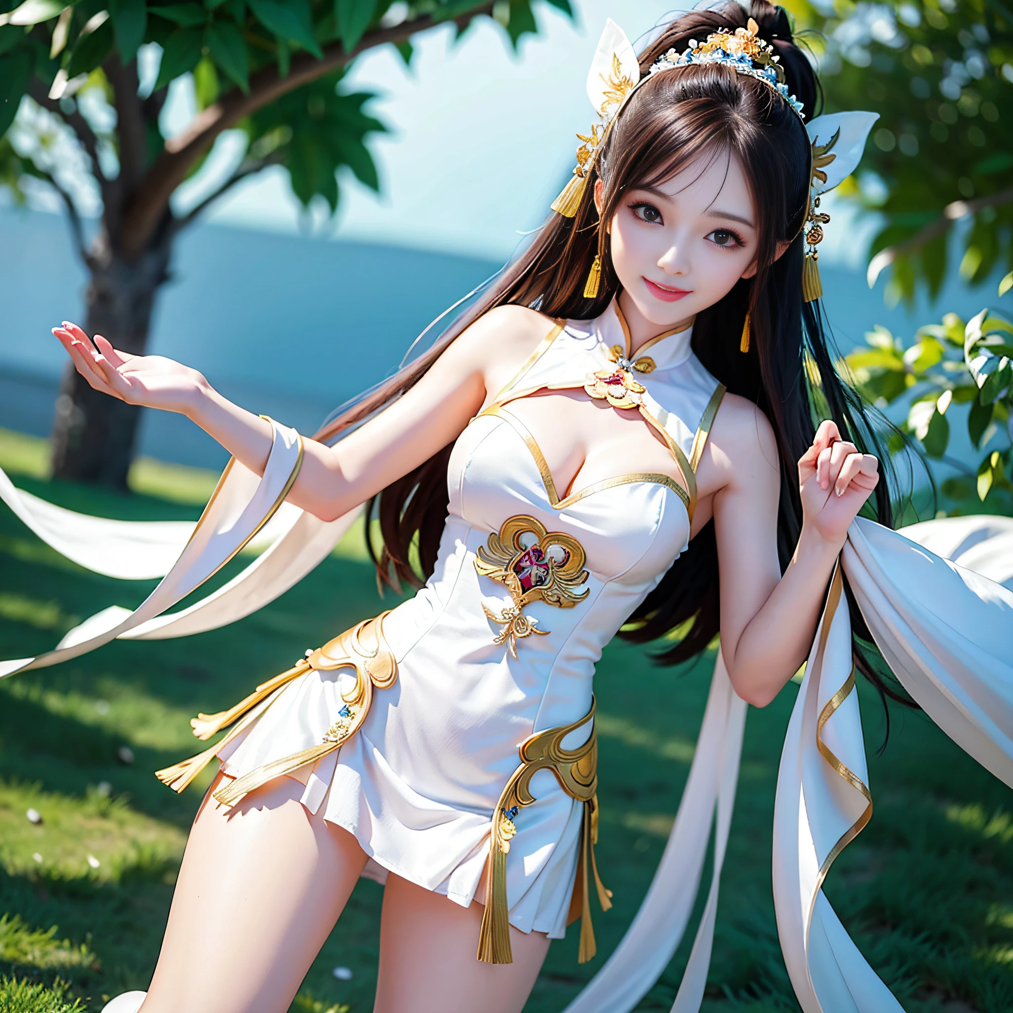 Super beautiful Chinese woman in white fairy dress, smiling, perfect body, charming figure, extreme fantasy background