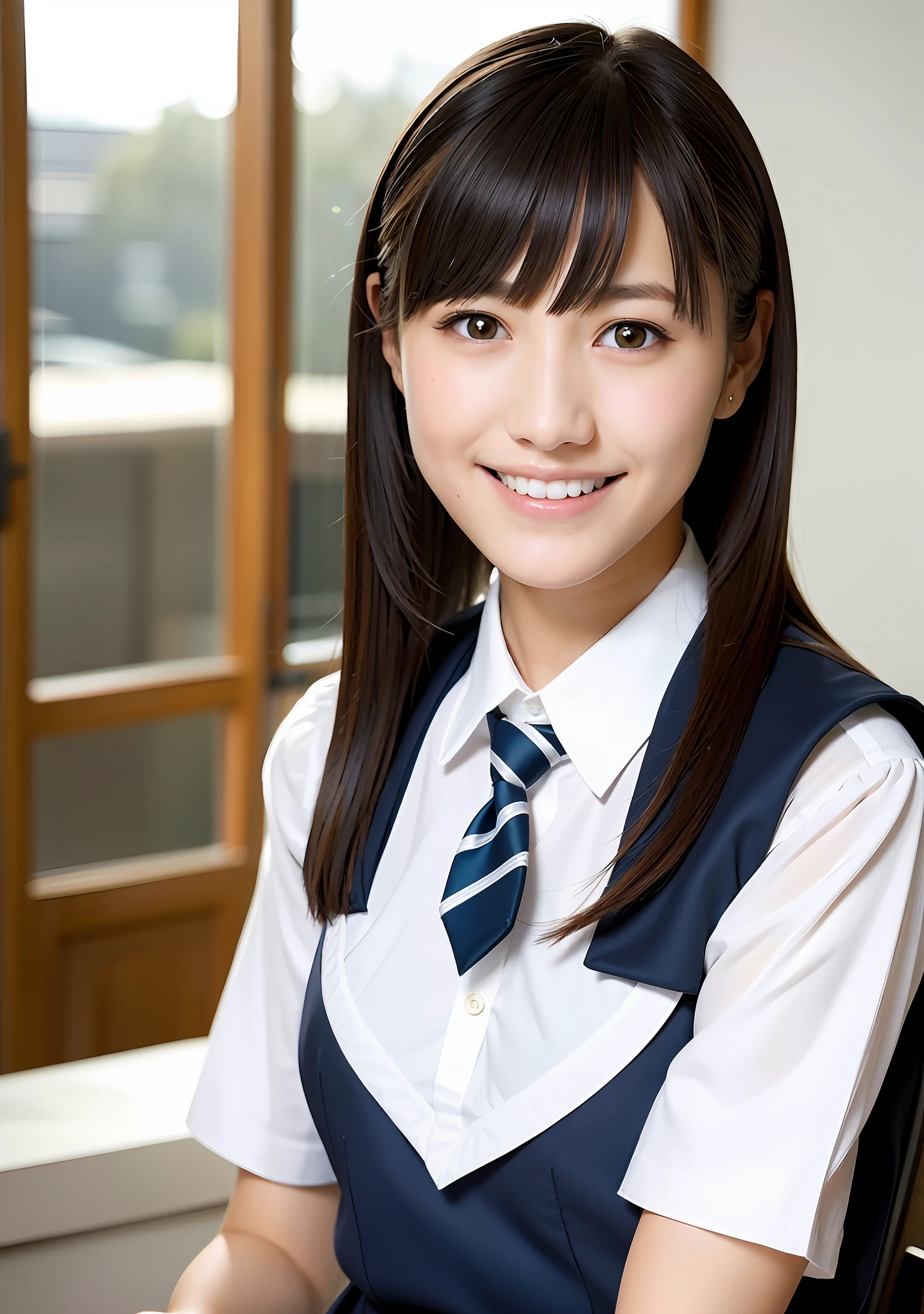 Top Quality, Ultra High Definition, (Photorealistic:1.4), Blunt Bangs, Light Smile, School Uniform, Seraph
