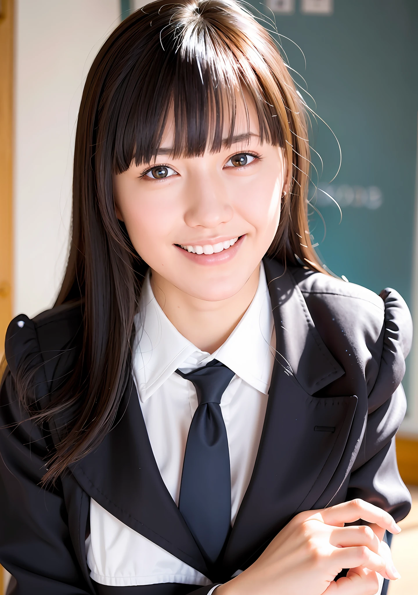 Top Quality, Ultra High Definition, (Photorealistic:1.4), Blunt Bangs, Light Smile, School Uniform, Seraph