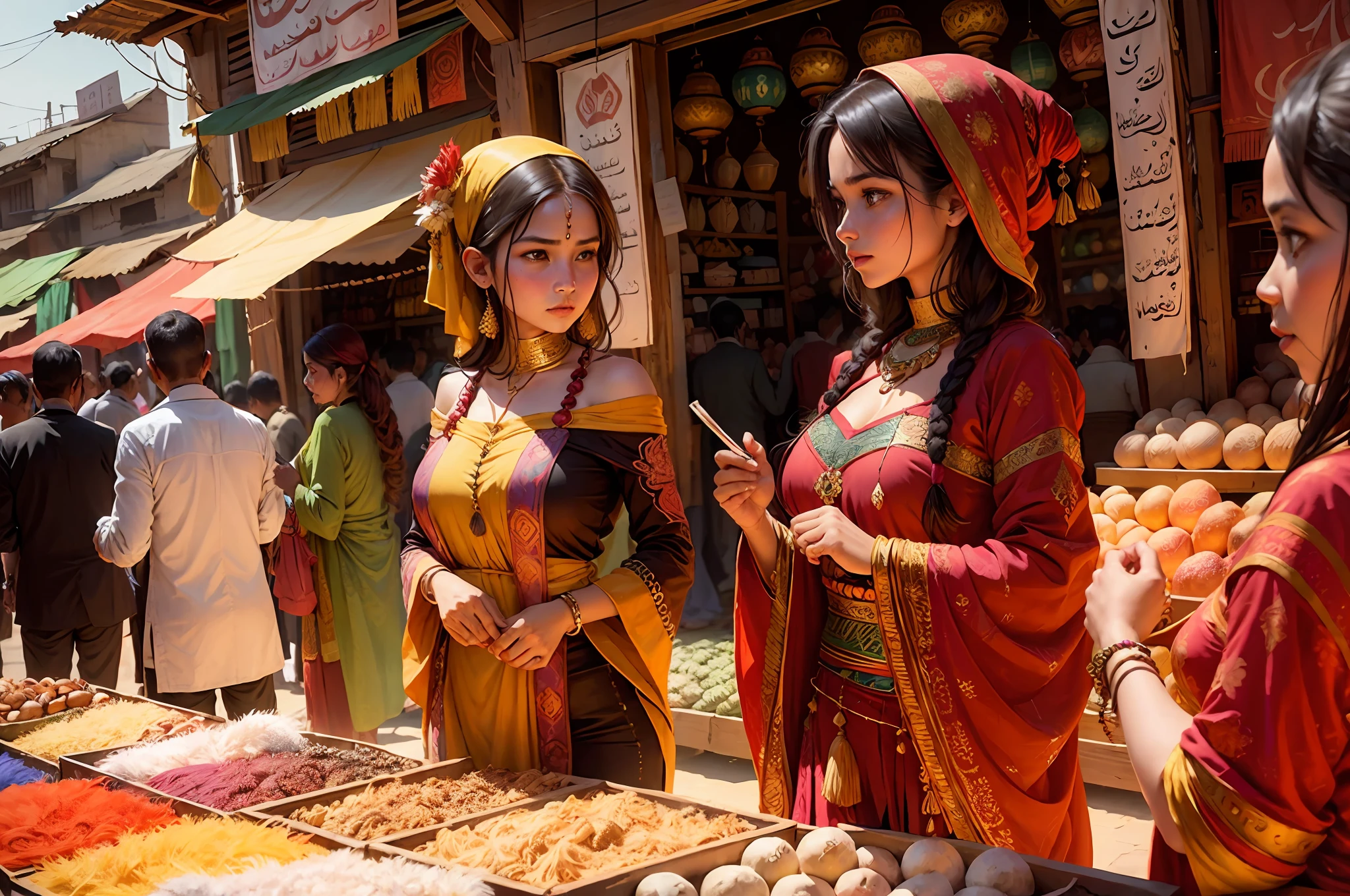 (trading fabrics at an Eastern bazaar), vibrant and bustling market, rich colors and textures, luxurious fabrics like silk and velvet, intricate patterns and embroideries, exotic spices and scents, haggling and bargaining, merchants from diverse backgrounds, hints of cultural and historical influences.