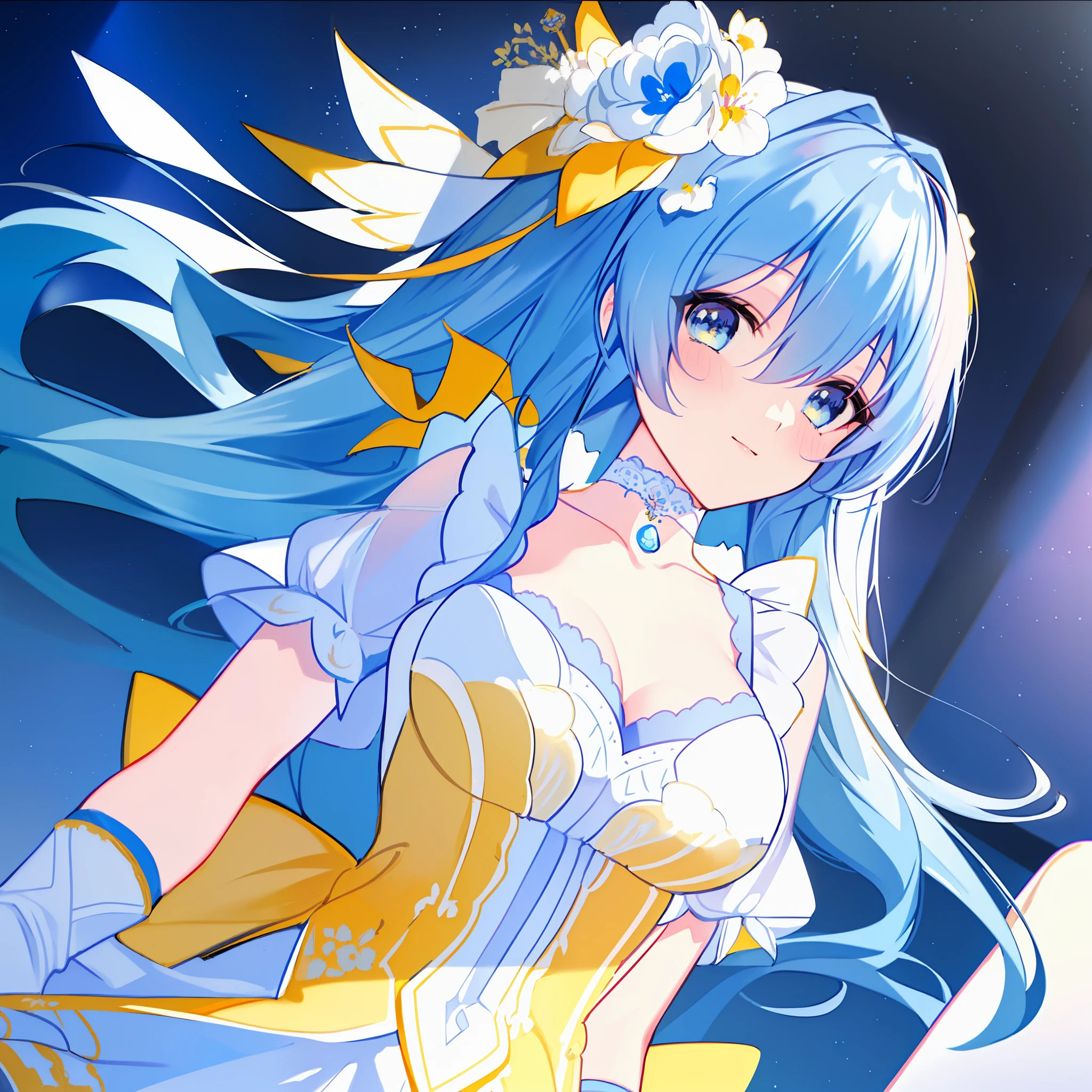 Facing right, ((((Masterpiece)))), (((Best Quality)))), ((((Very detailed))), Detailed fingers, Illustration, 1 girl, Solo, Sky blue long hair, violet colored eyes, Flower hair ornament, White feather hair ornament, Yellow moon hair ornament, Wide open chest, Large breasts, Large white ribbon at the waist, Yellow idle dress, Choker with yellow ribbon with white flowers, White gloves, White tights , MIKU, Royal Elegant Pose