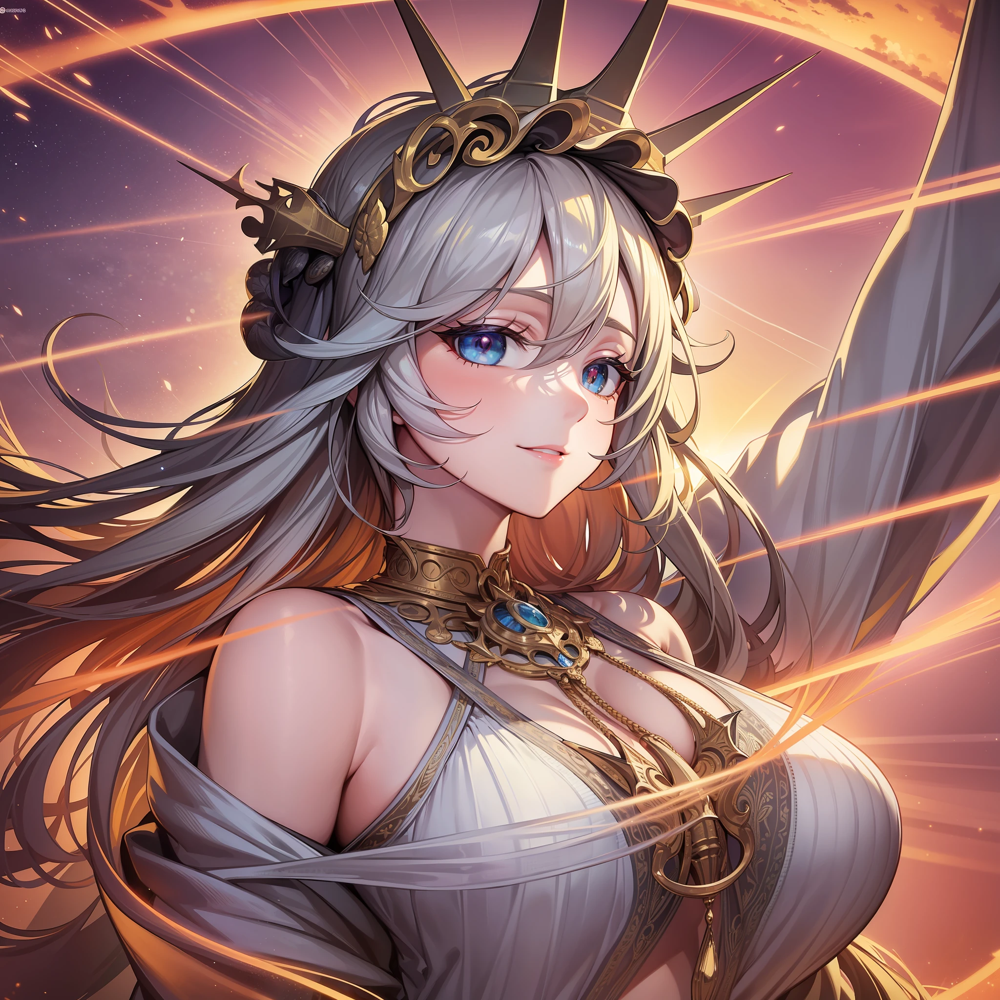 In the center of the illustration is a stylized depiction of the Statue of Liberty, towering majestically against a sparkling sunset. The features of the statue are exaggerated, characterized by expressive large eyes and a bright smile, giving it a friendly and friendly appearance. Graphic Illustration, Pop, Transparency, Lignes Claire style, Wataseizou style, Delicate Details, Detailed Background, Delicate Pattern, High Quality, High Quality, High Resolution, 8K, Masterpiece