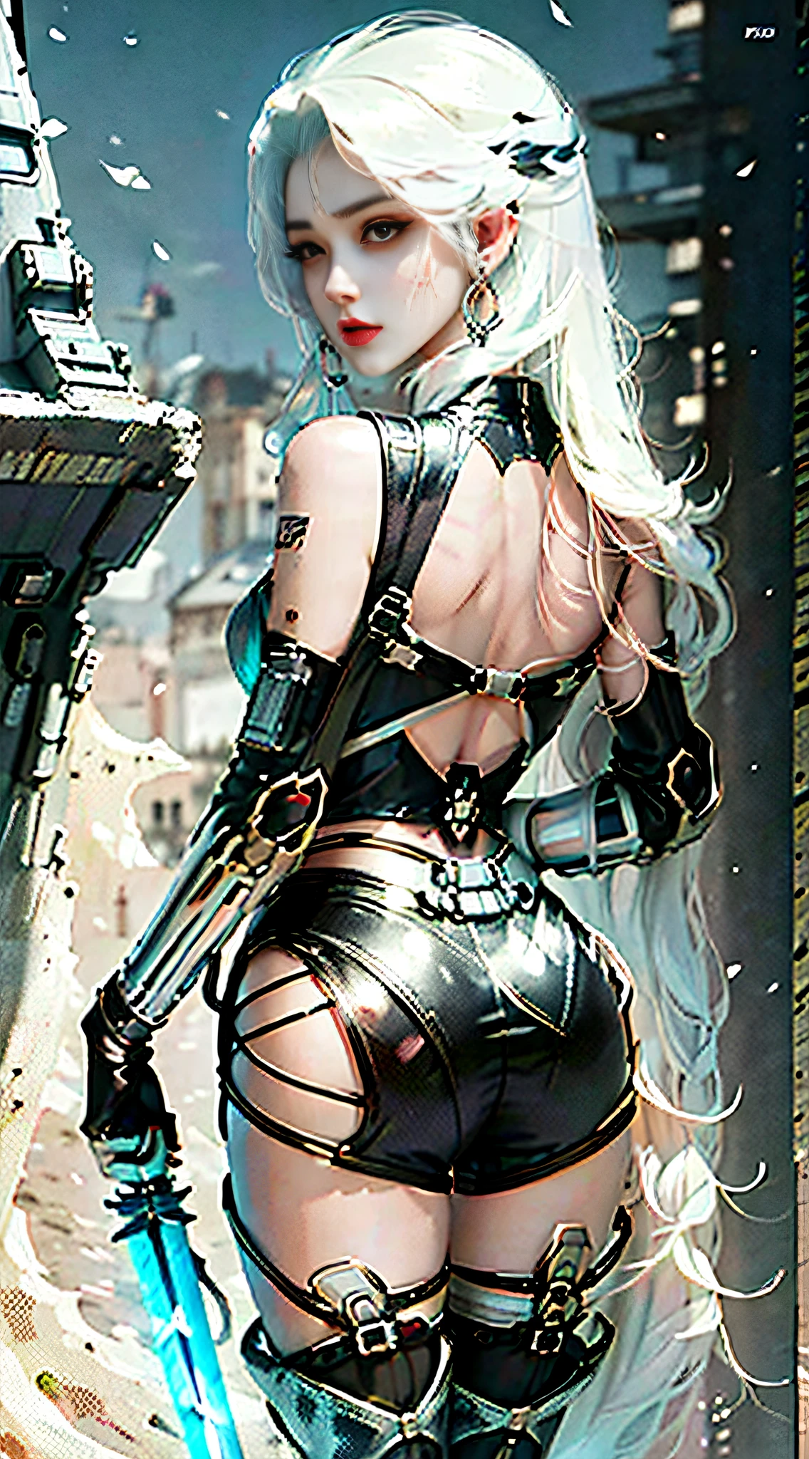 High quality, wallpaper, mecha style girl, black shorts, thigh straps, hand drawn from the back of a sword, silver-white flying hair, boots --auto --s2