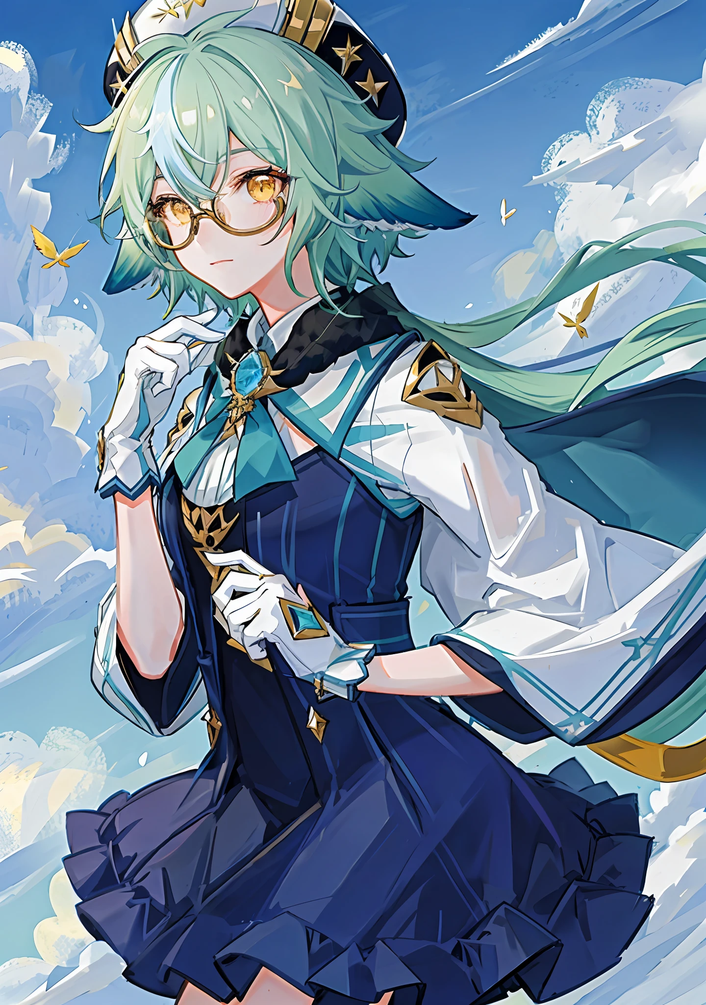 8k, super detail, masterpiece,super detail, high quality, high resolution, high detail, face detail, teal hair with animal ears, yellow eyes, wearing glasses, wearing hat, short hair, fullbody, jumping, blue sky white clouds