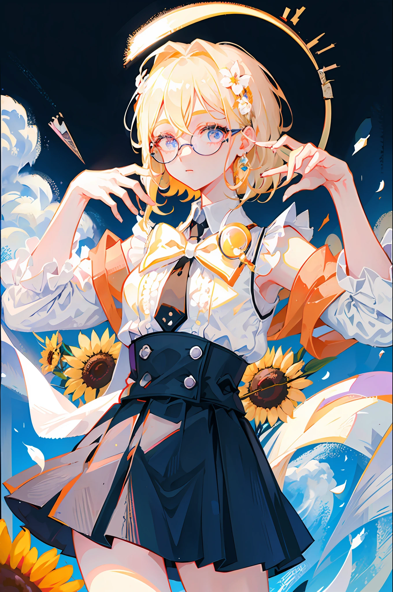 Best quality, super high resolution, (realism: 1.4), 1 female, sleeveless white button-down shirt, black skirt, black collar, ((glasses)), (Kpop idol), (aegyo sal: 1), (platinum blonde: 1), ((puffy eyes)), looking at viewer, full body, flowers