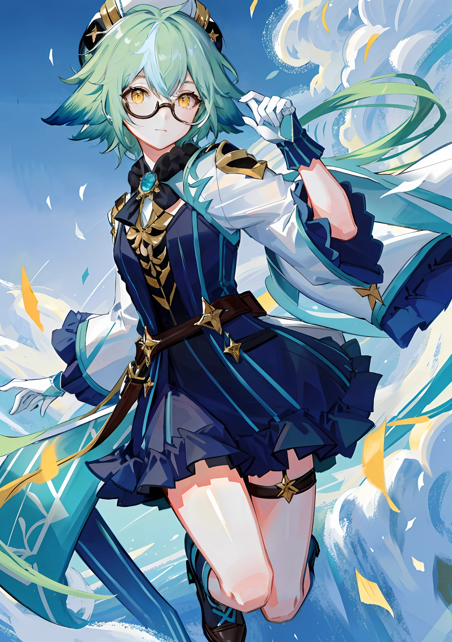 8k, super detail, masterpiece,super detail, high quality, high resolution, high detail, face detail, teal hair with animal ears, yellow eyes, wearing glasses, wearing hat, short hair, fullbody, jumping, blue sky white clouds