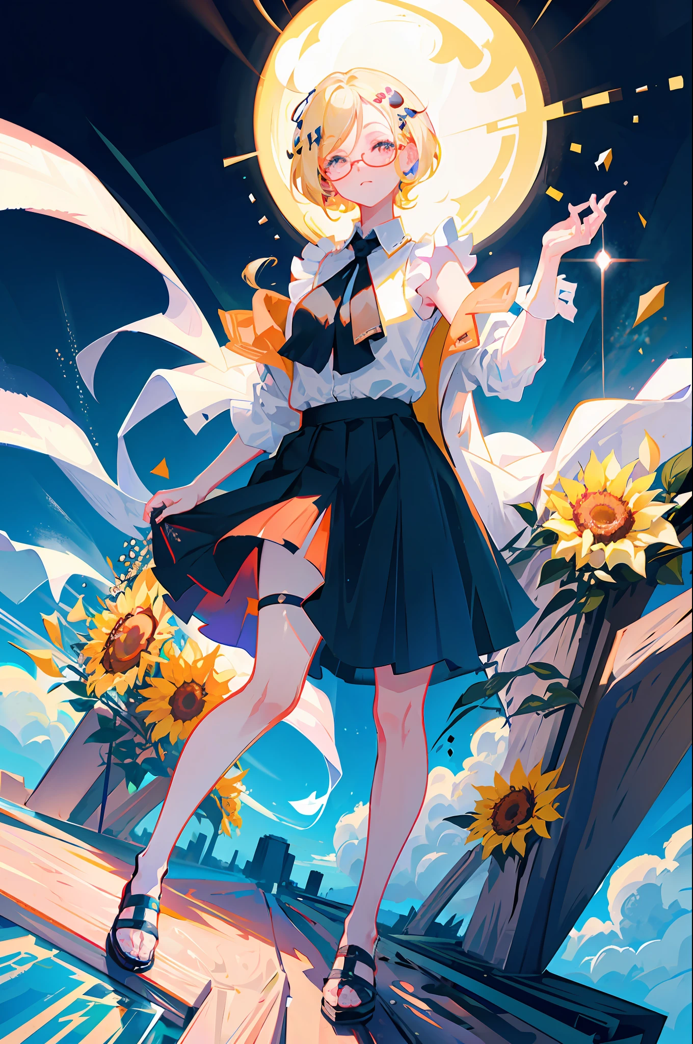 Best quality, super high resolution, (realism: 1.4), 1 female, sleeveless white button-down shirt, black skirt, black collar, ((glasses)), (Kpop idol), (aegyo sal: 1), (platinum blonde: 1), ((puffy eyes)), looking at viewer, full body, flowers