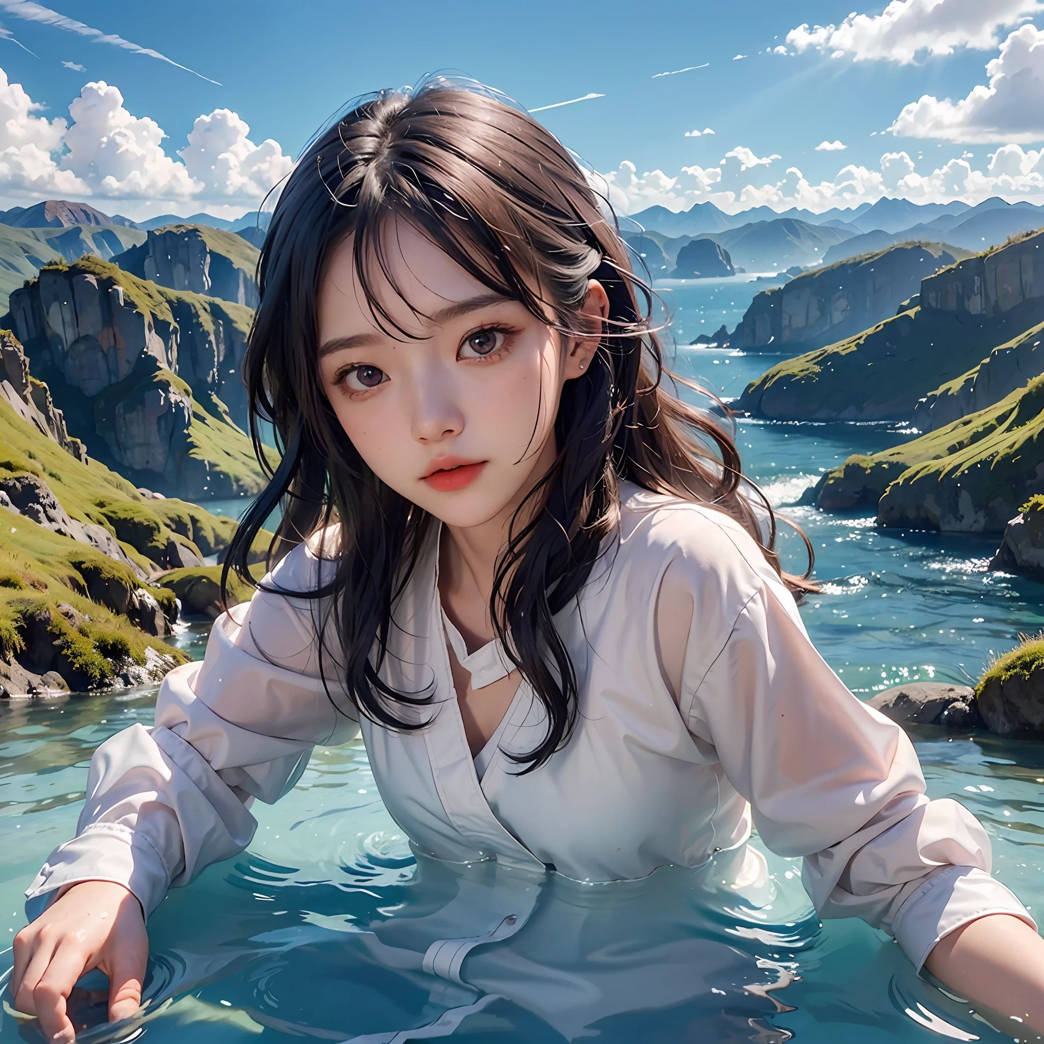 , Double eyelidd, Nice face, Sky, Water, High Mountain, running water, gradient hair, heart-shaped pupils, first-person view, Surrealism, ray tracing, god rays, Fujicolor --auto --s2