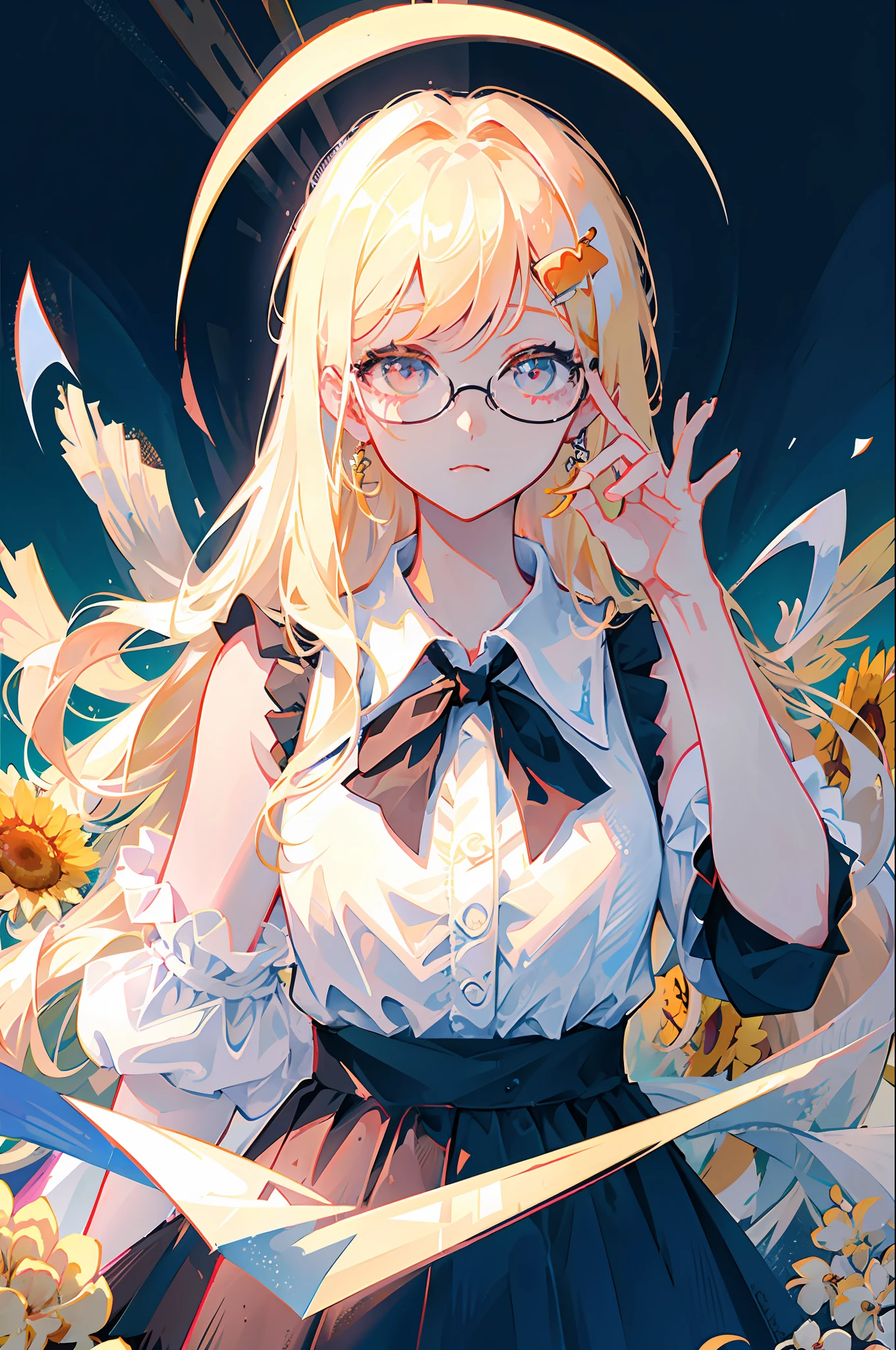 Best quality, super high resolution, (realism: 1.4), 1 female, sleeveless white button-down shirt, black skirt, black collar, ((glasses)), (Kpop idol), (aegyo sal: 1), (platinum blonde: 1), ((puffy eyes)), looking at viewer, full body, flowers