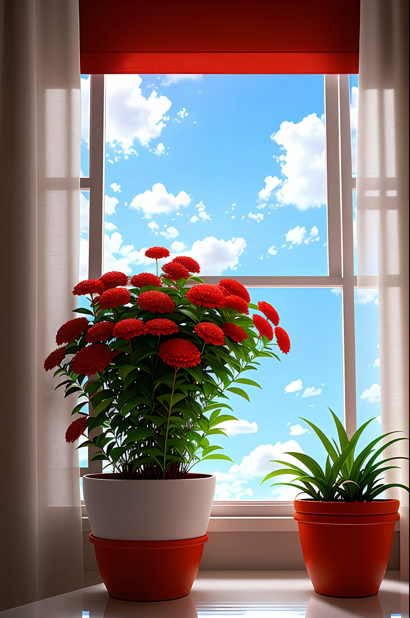 Clay flower pot, red comb, blue sky and white clouds, by the window, sunlight coming in, white curtains floating, many details, high quality, 8k