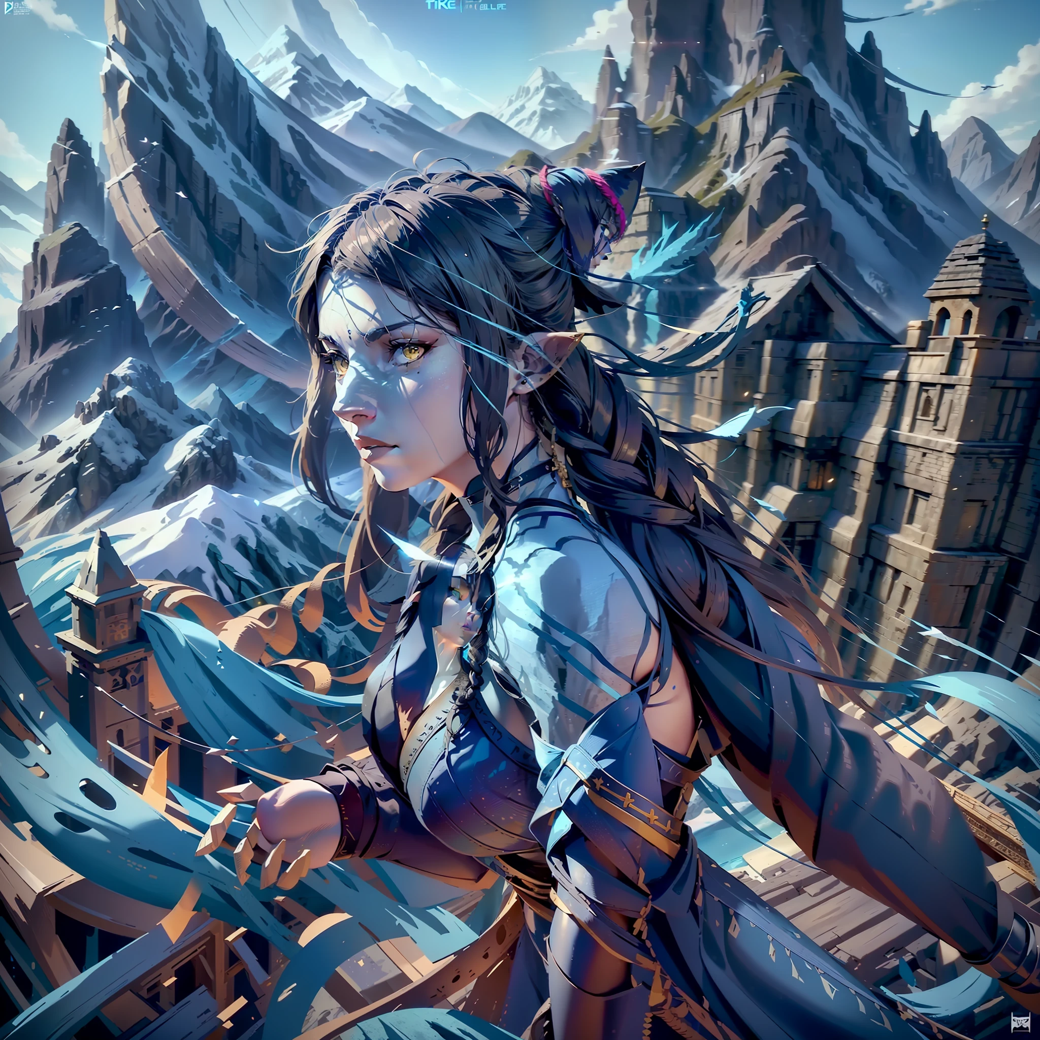 Movie, Avatar, Blue | Green skin, long braids, elven ears, yellow eyes, a tail, primitive dress, bow and arrow weapons, a large bird, flying on the sea, mountain peaks, vastness, sunlight, stones, rich colors, poster,