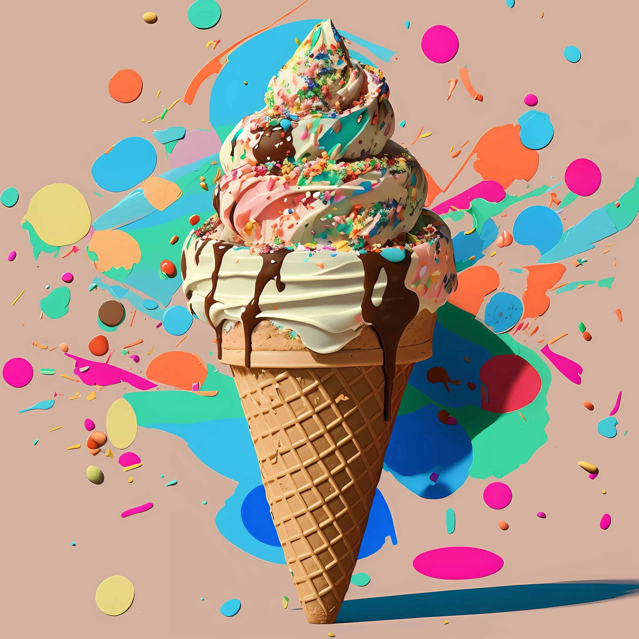 there is a ice cream cone with sprinkles and chocolate on it, ice cream cone, ice cream, ice cream on the side, jen bartel, colorful hyperrealism, realistic colorful photography, ice cream cones, mountains of ice cream, covered in sprinkles and crumbs, by Trevor Brown, stylized painterly, cinema 4d colorful render, vibrant colors hyper realism