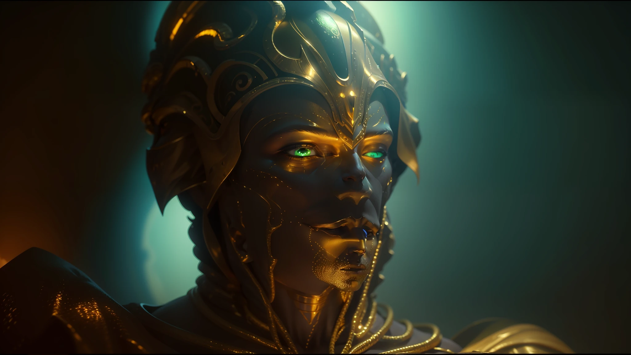 a close up of a person with a gold body and a green light, film still from movie dune-2021, gold bodypaint, hastur the king in yellow, draped in shiny golden oil, still from movie dune, golden bodypaint, movie still of aztec cyborg, still of rainbow ophanim, metal hurlant --auto --s2