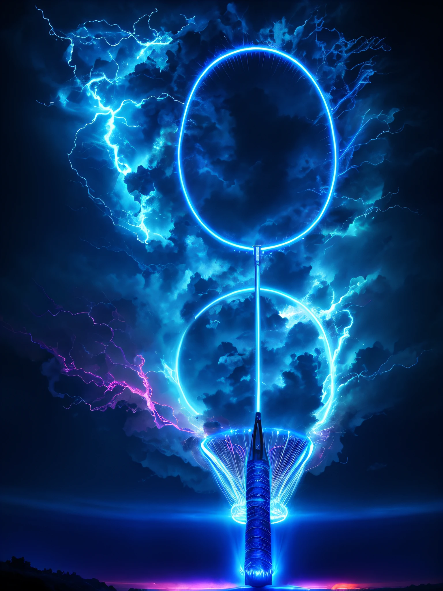 The background is Arafard image of tennis racket of lightning storm, electric storm, amazing lightning art, surreal lighting, blue electrification, movie lightning and color, electric sky, lightning fantasy magic, surrealist digital artwork, electric wallpaper, dramatic lightning digital art, steam wave lighting, fork lightning, amazing wallpaper, woven with electricity, beautiful digital artwork