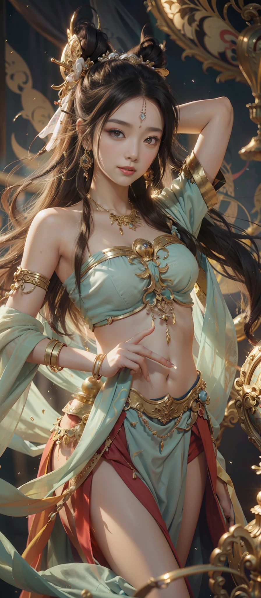 dunhuang style, 1girle, shoulder, navel, flying fairy, dunhuang mural in background, dance, buddhism instrument in hand, brunette hair, very long hair, hair ornament, ribbon, earrings and gold jewelry, hair bubbles, flowers on the head, gradient eyes, smile, surrealism, high detail, romanticism, cinematic lighting, glitter, reflected light, uhd, retina, masterpiece, ccurate, super detail, textured skin, anatomically correct, high detail, best quality, high resolution, high quality, Award-winning, 8K
