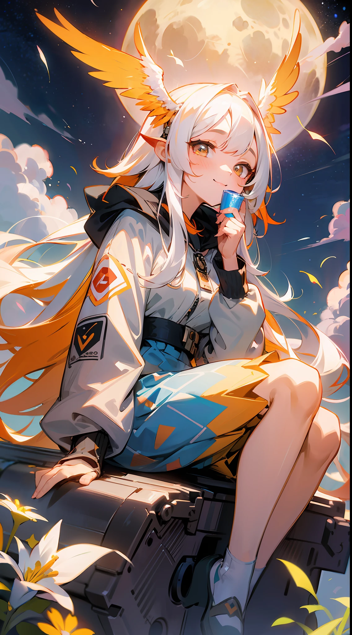 girl in a valley, sitting, blush, stylized gray and orange sweatshirt, patterned skirt, pantyhose, holding red cup, big dreamy eyes, radiant smile, gradient eyes, long hair, multicolored hair, white hair, yellow hair, mechanical wings, flowers, dusk, full moon, sky with many stars, immersive and detailed scenery, floating feathers, cute little creature, clouds, high resolution illustration, best quality, hyper detailed, (colorful)